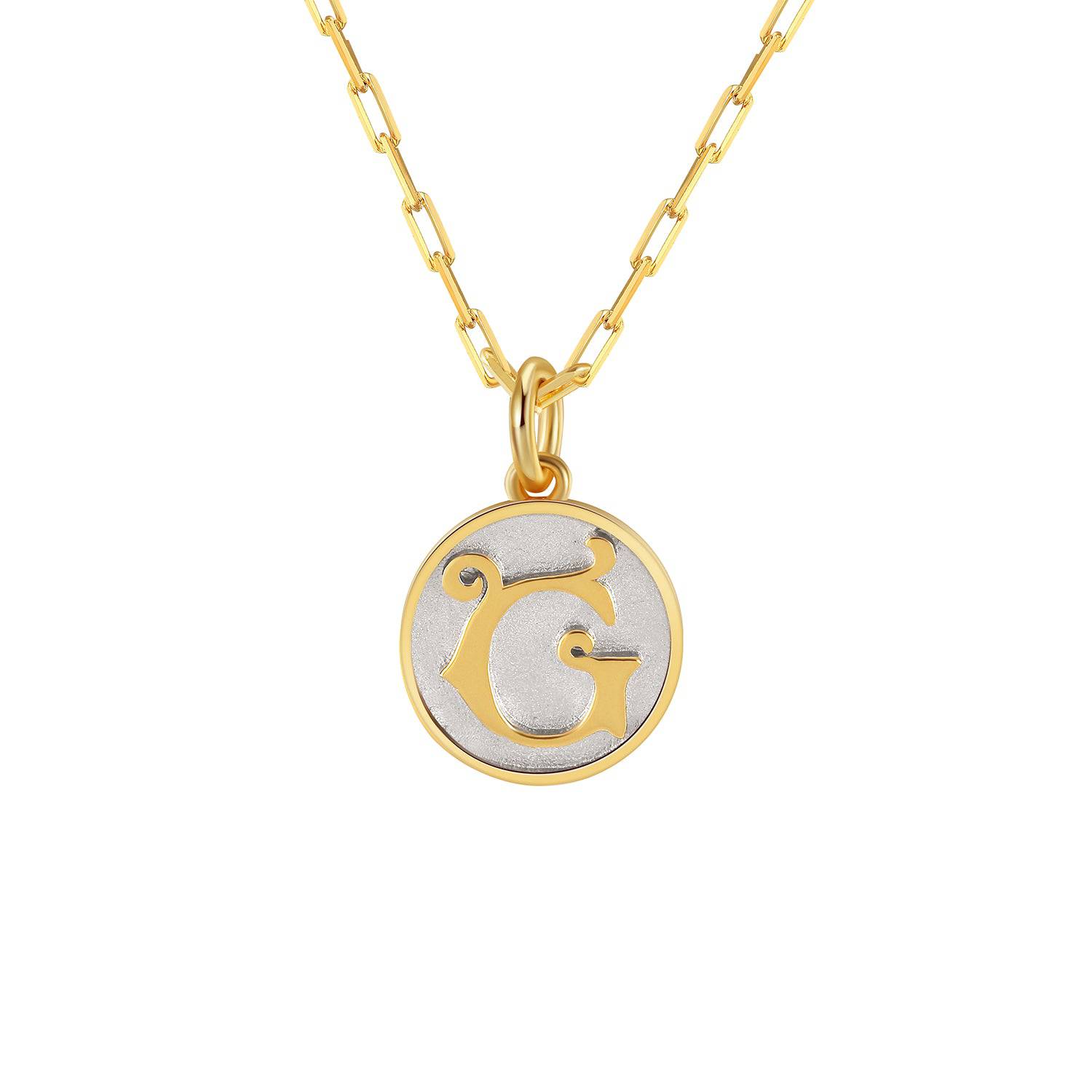 Saints and Saviors Dainty Fancy Initial Pendant Necklace gold letter G on small silver disc