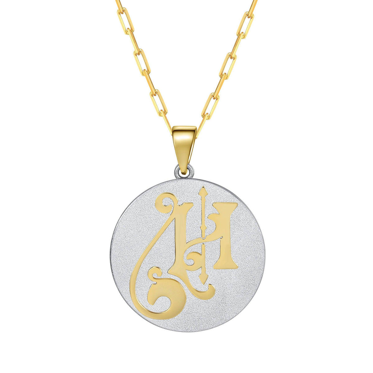 Saints & Saviors Fancy Initial Pendant Necklace gold letter H on silver disc