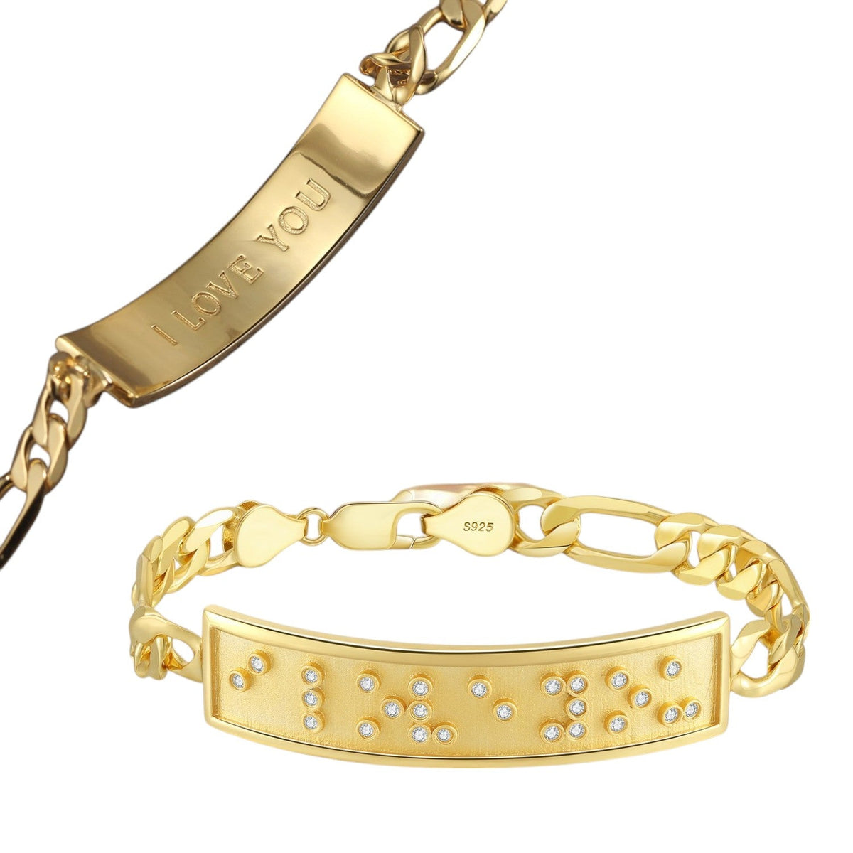 Touchstone 'I Love You' ID Link Bracelet in Gold showing Braille message in Crystals and Etched "I Love You" on reverse