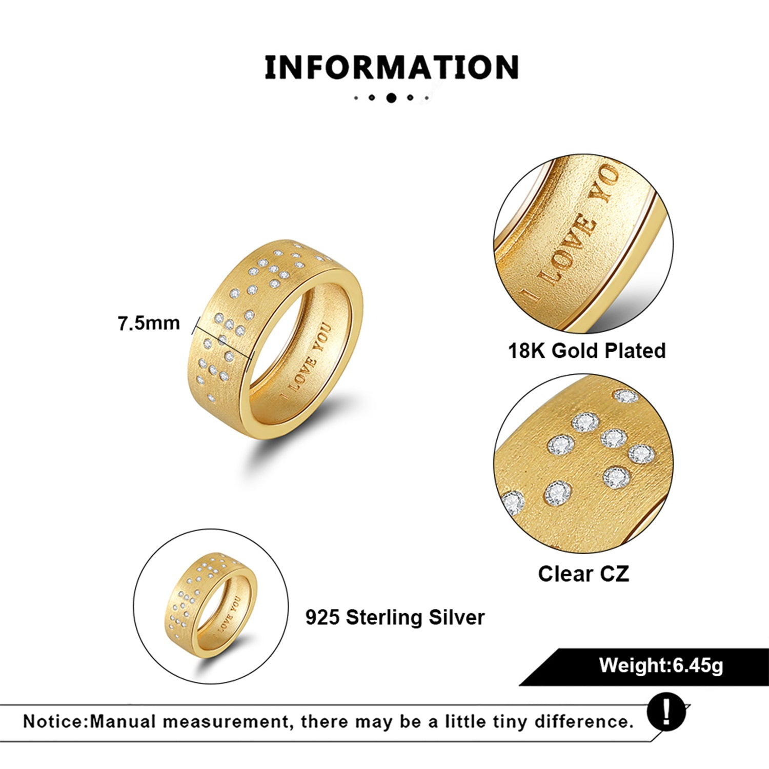 Touchstone I Love You Band Ring Brushed Gold Specs