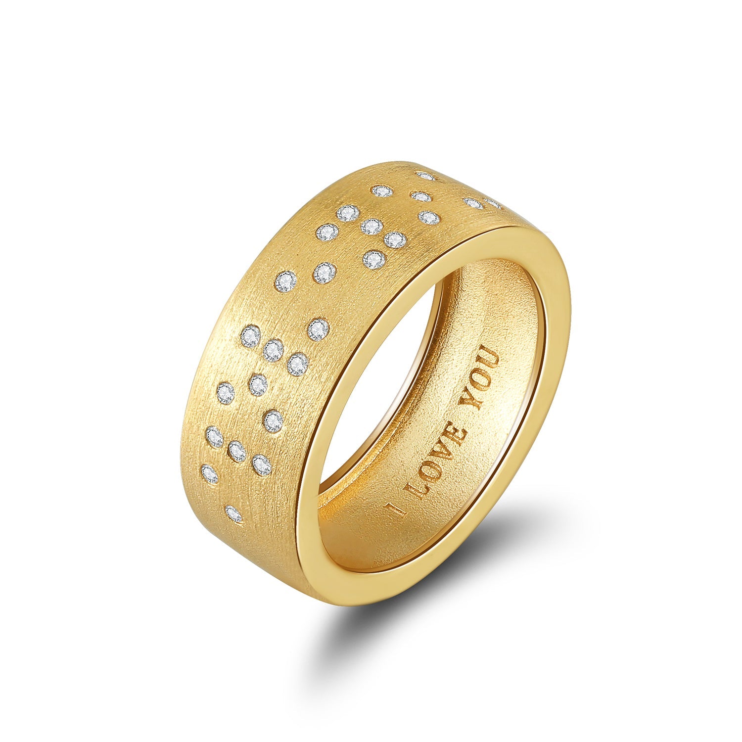 Touchstone 'I Love You' Engraved Inside and with Braille Crystals Band Ring Brushed Gold