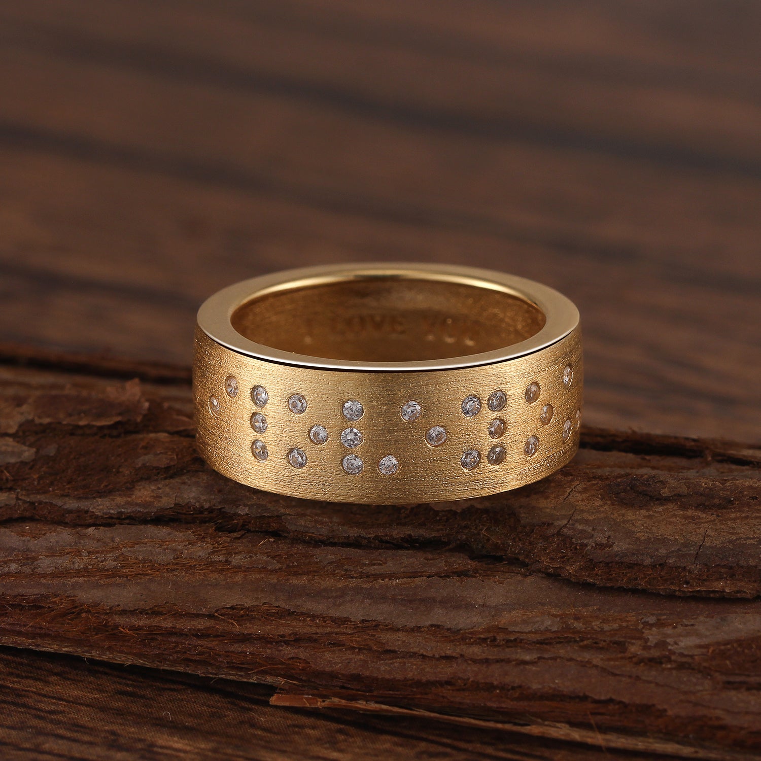 Touchstone I Love You in Braille Crystals Band Ring Brushed Gold