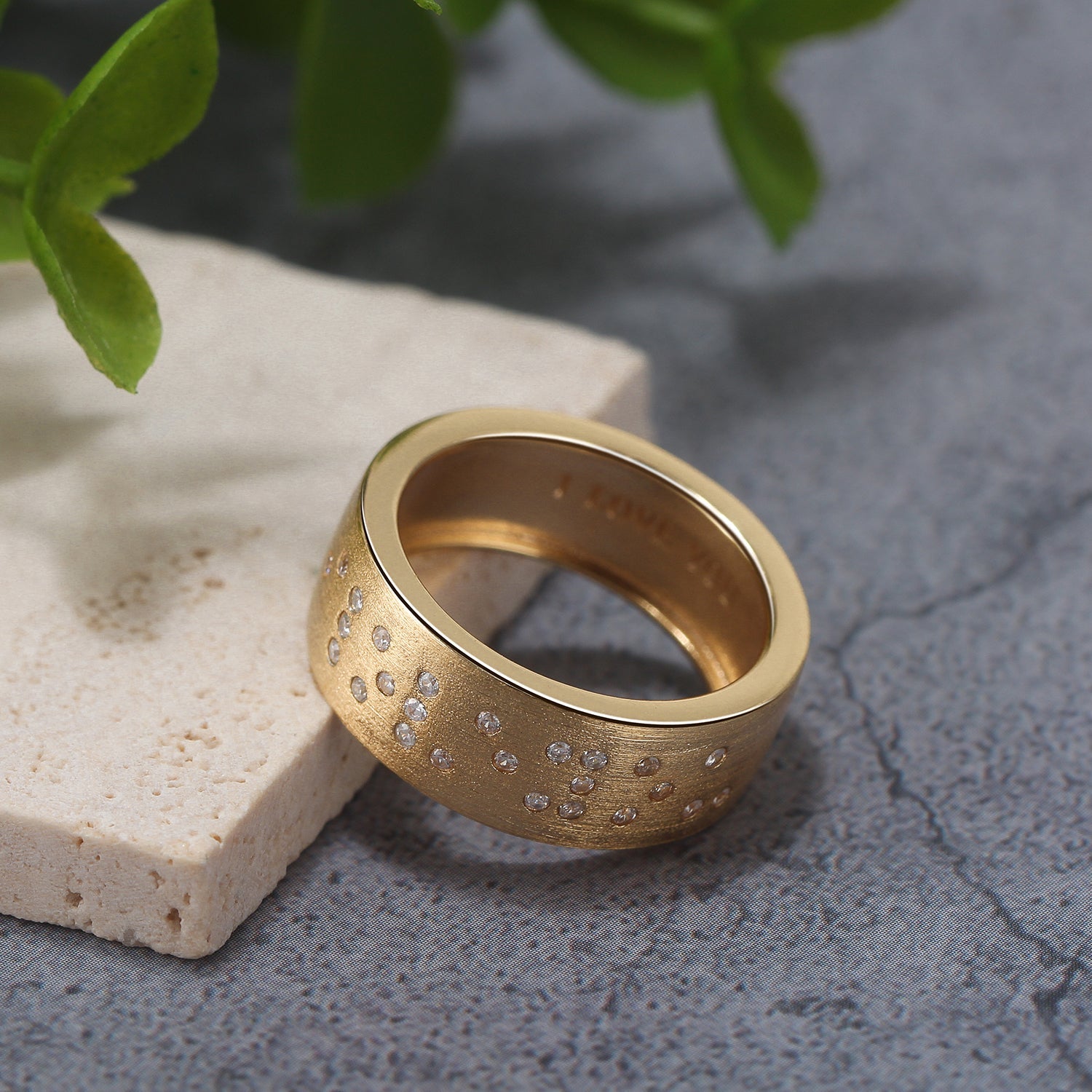 Touchstone I Love You Band Ring Brushed Gold with Braille Crystals