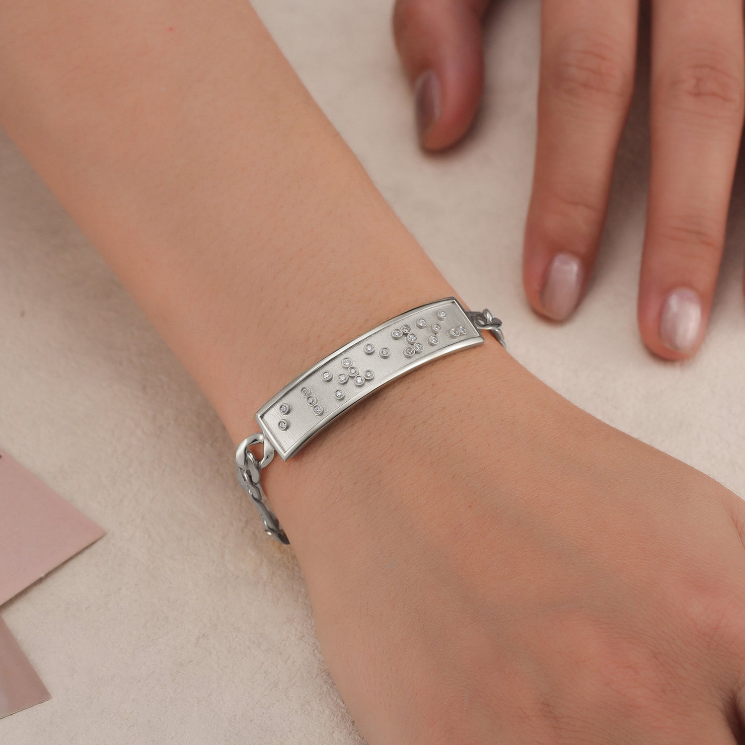 Touchstone I Love You ID Link Bracelet in Silver with Braille Crystals on Model