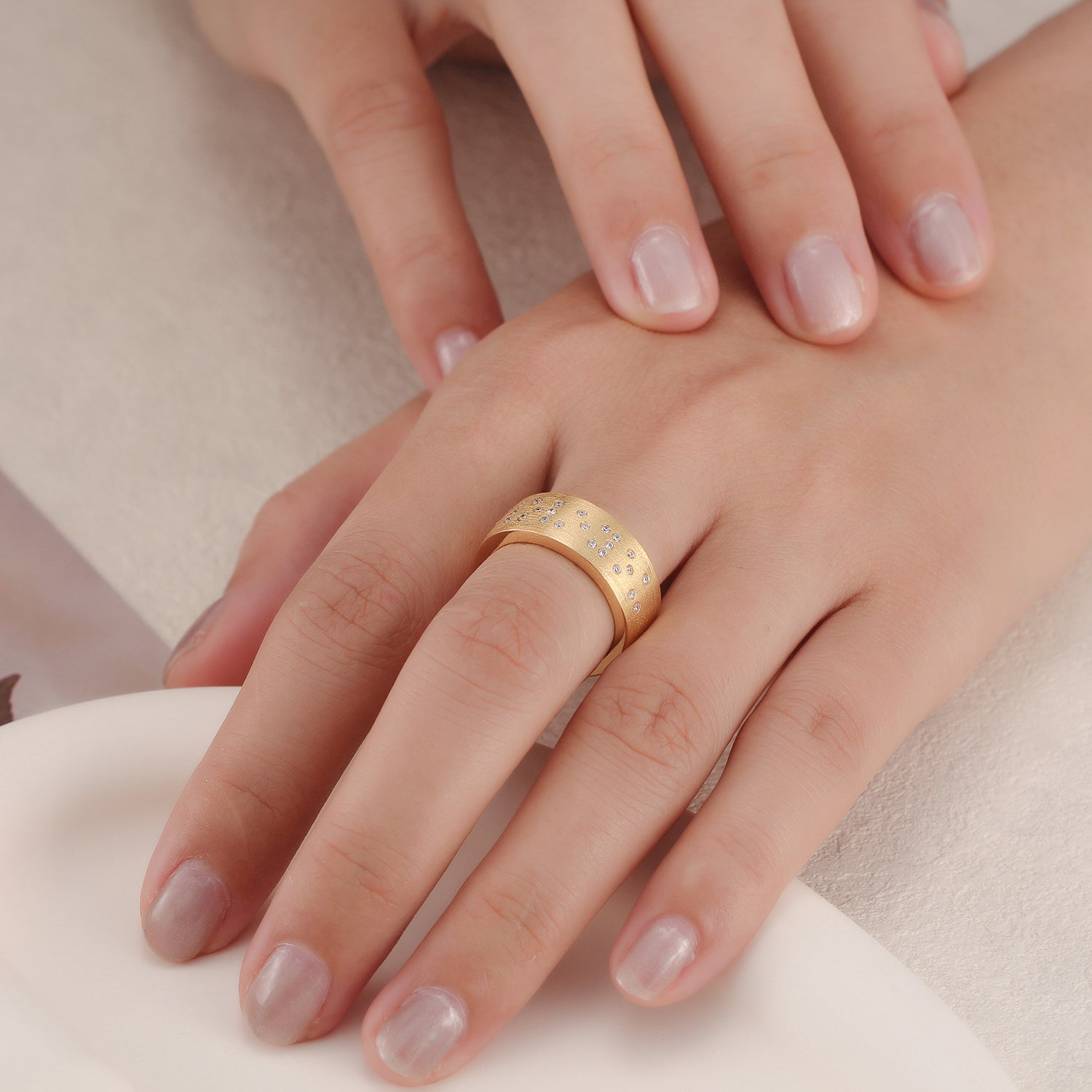 Touchstone I Love You Band Ring Brushed Gold with Braille Crystals on Model
