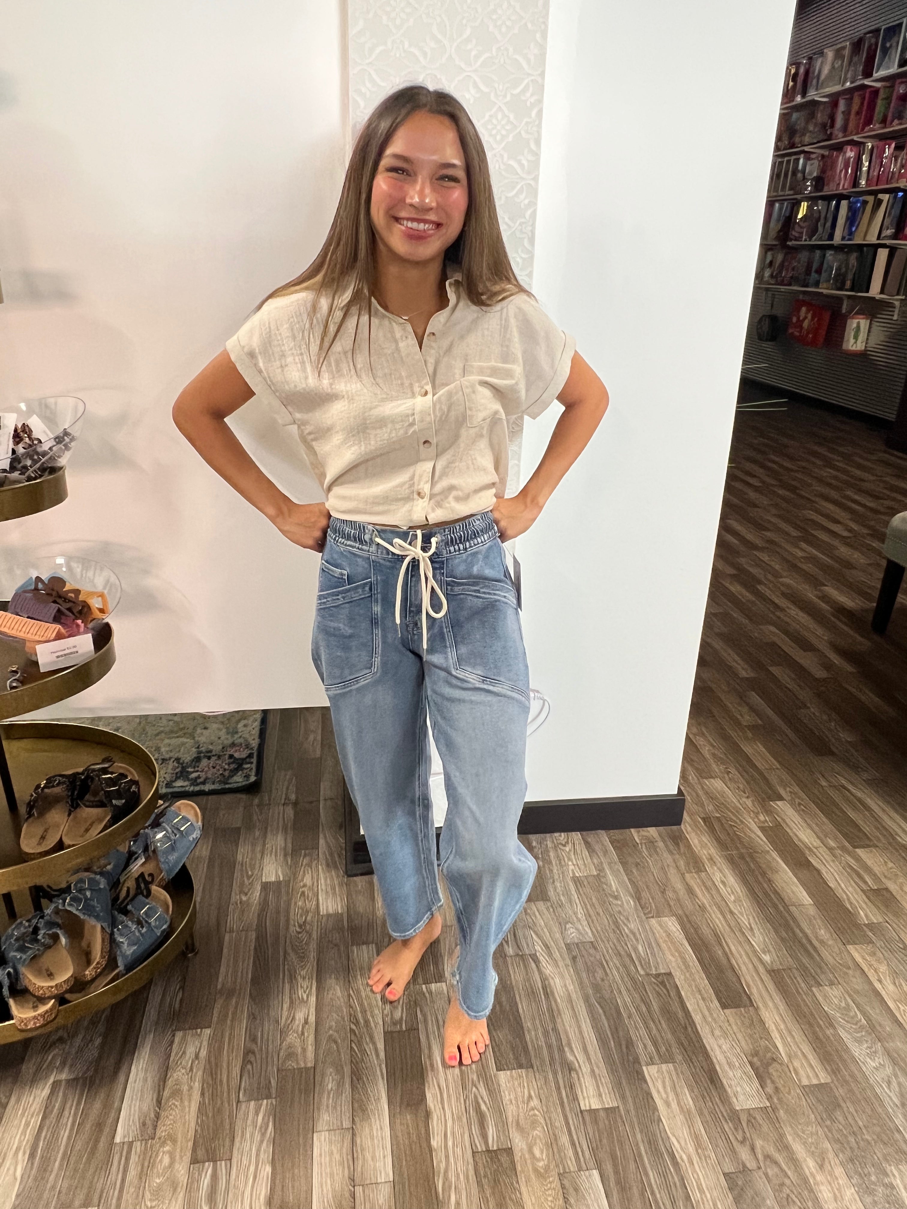 Vervet High Rise Elastic Waistband Wide Barrel Jeans - Athena's Fashion Boutique