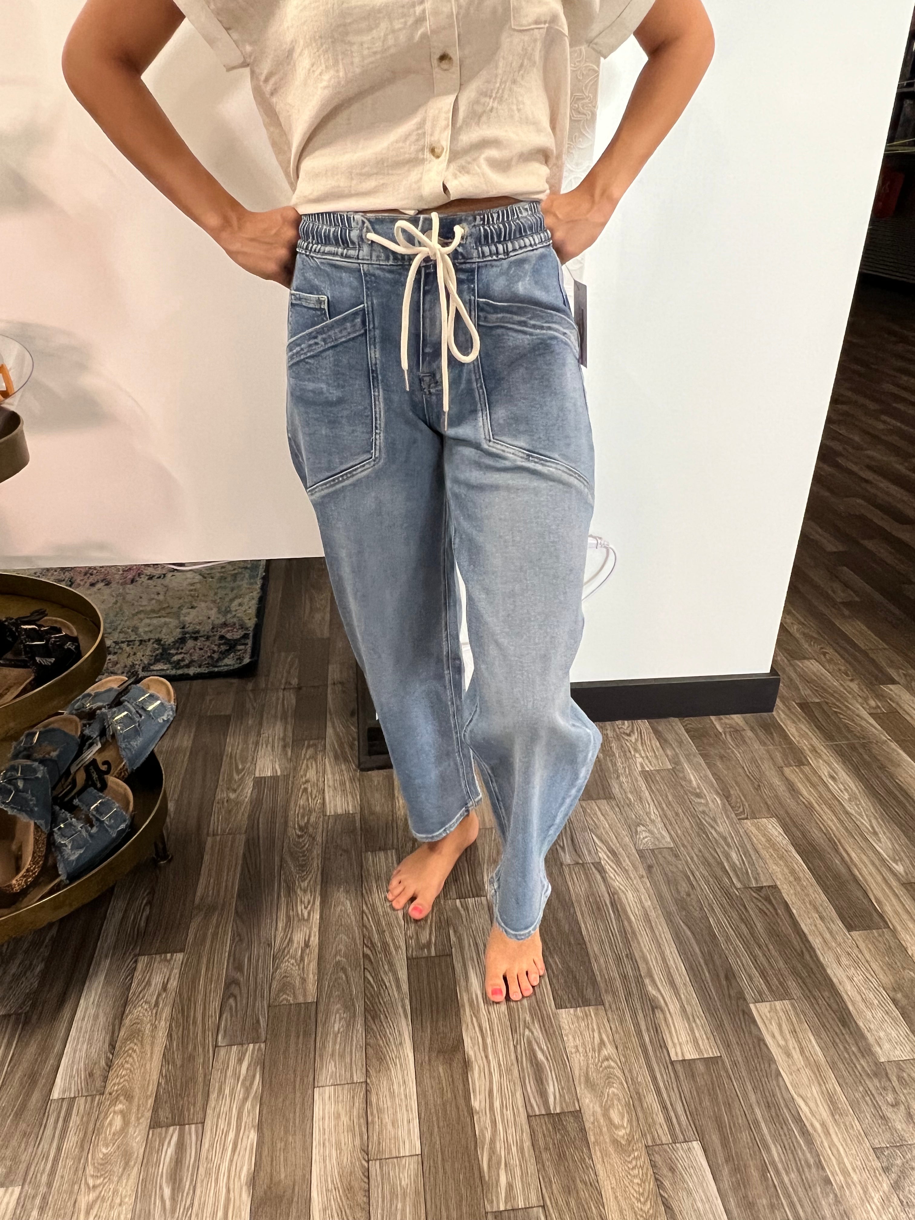 Vervet High Rise Elastic Waistband Wide Barrel Jeans - Athena's Fashion Boutique