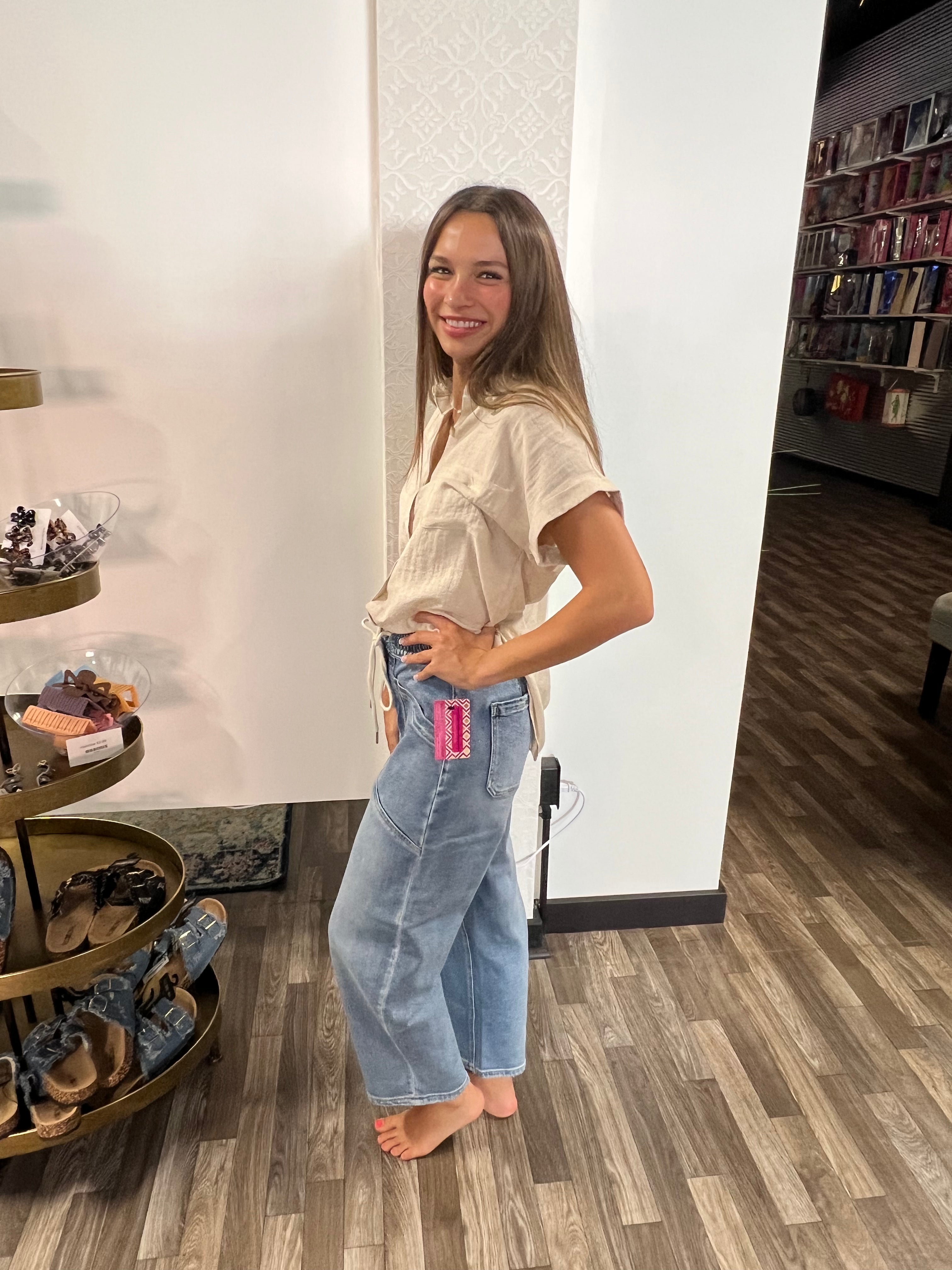 Vervet High Rise Elastic Waistband Wide Barrel Jeans - Athena's Fashion Boutique