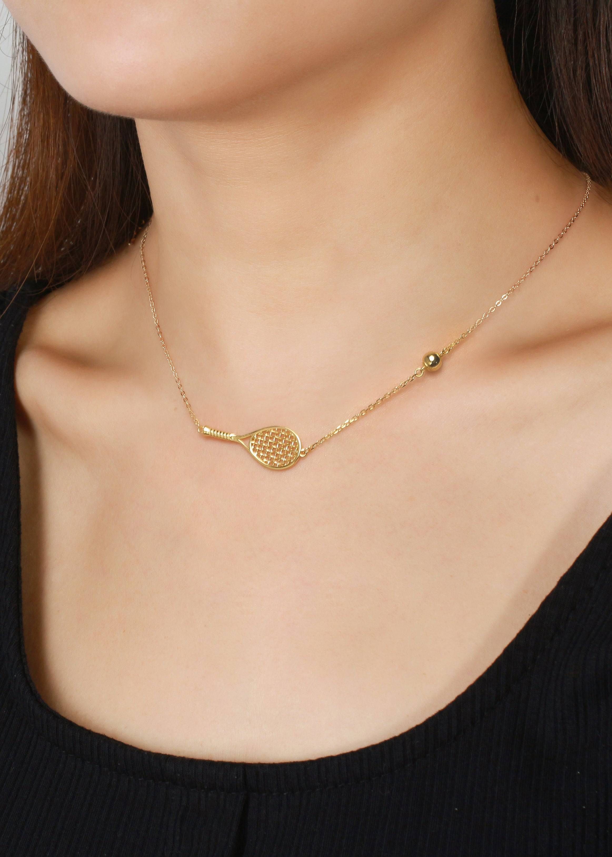 LoveMatch Tennis Ace Racquet and Ball Gold Necklace on model