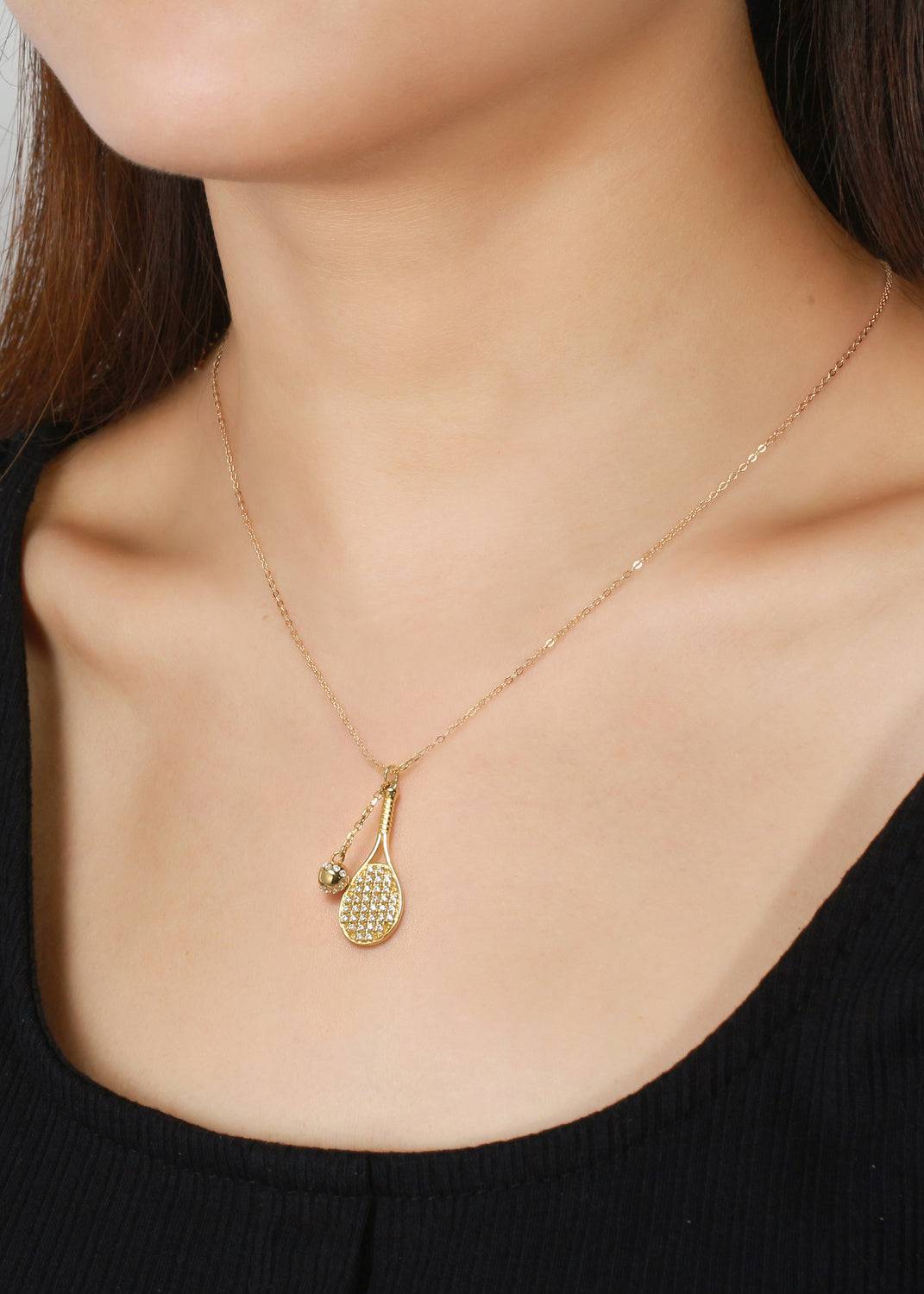 LoveMatch Tennis LOVE Bling CLIP Chain Gold Necklace on model