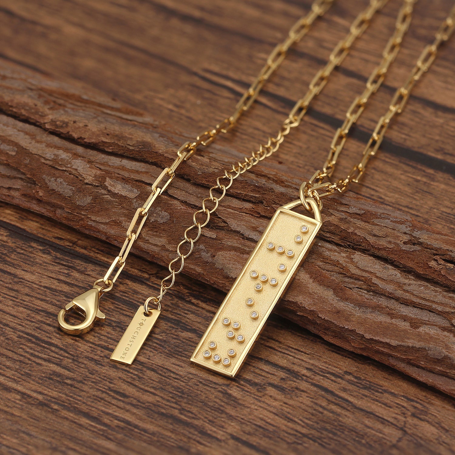 Touchstone Clarity in Braille Crystals on Bar Necklace Gold