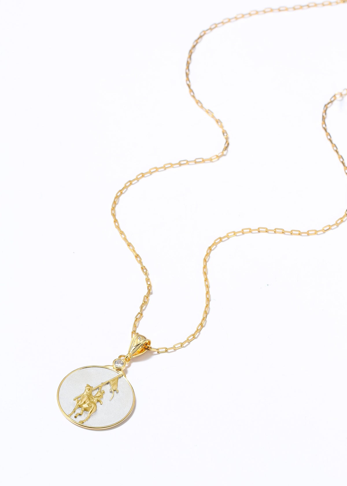 Saints and Saviors Joan of Arc Faith Pendant Necklace featuring Jean D'Arc on a horse with a banner flag two-tone gold and silver