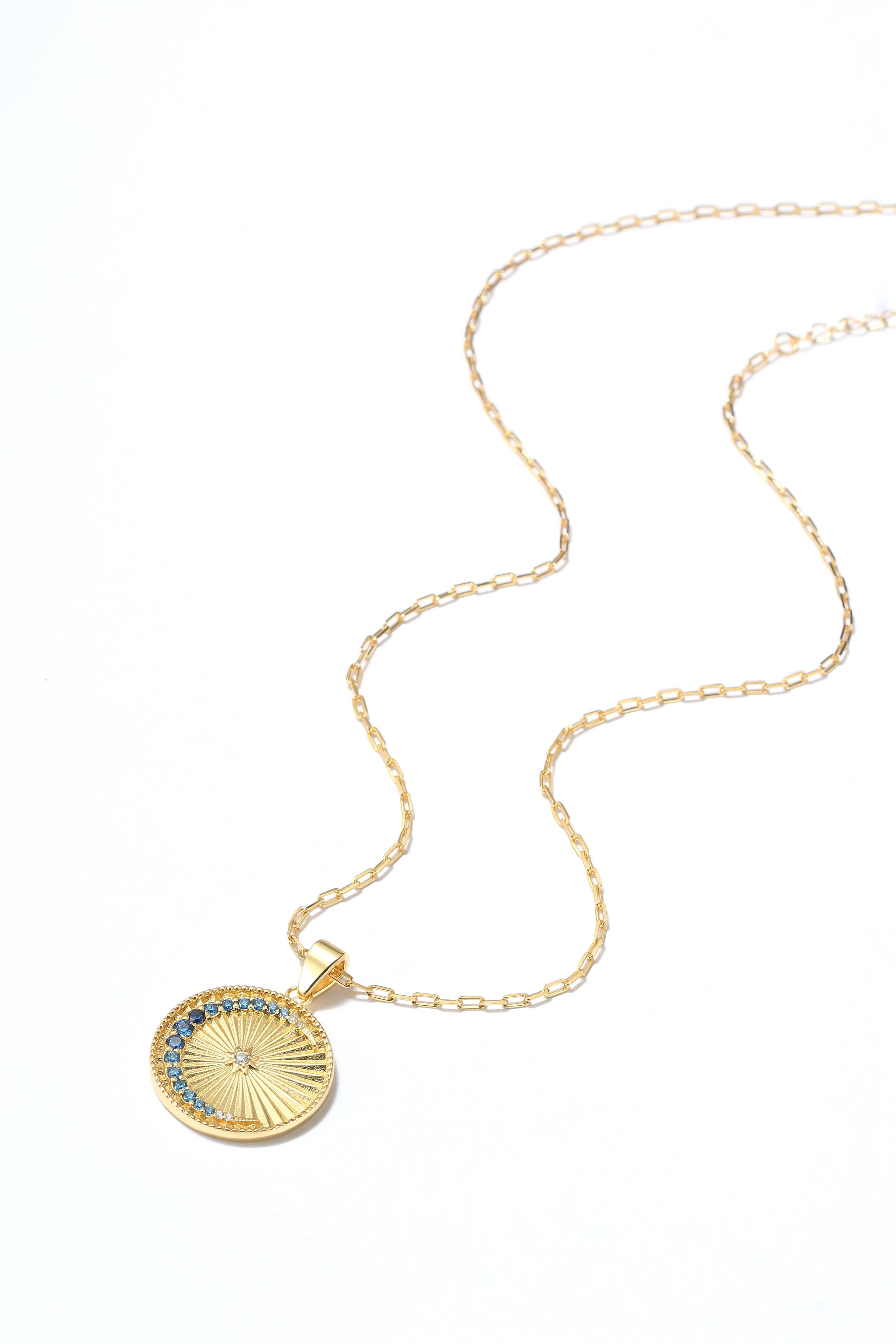 Saints and Saviors Over The Moon Blue Pendant Necklace with Blue Crystal Moon and Gold Sun