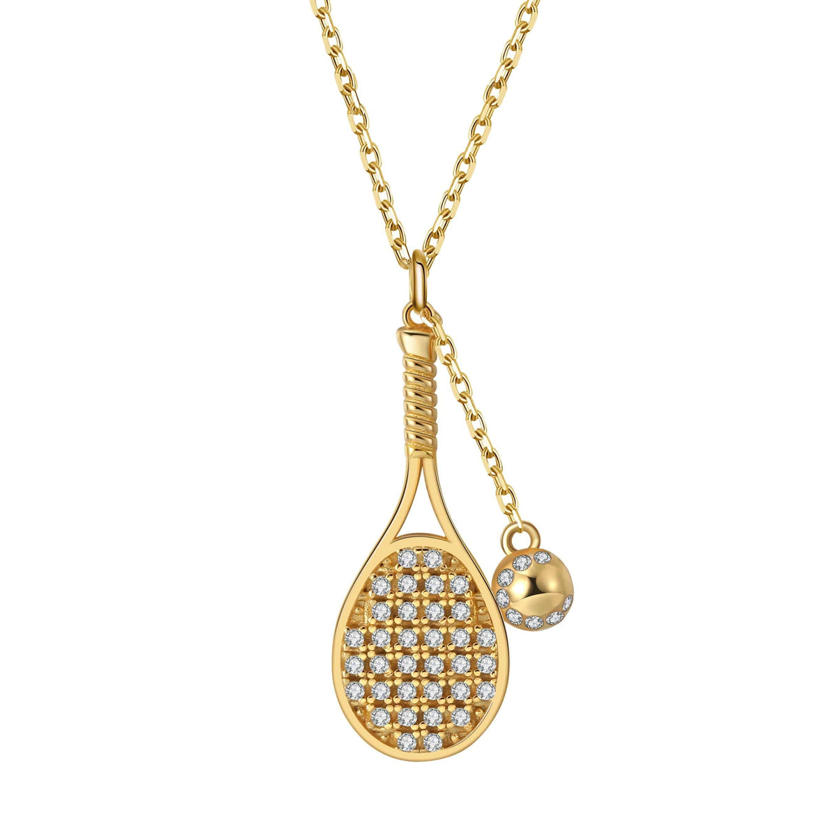 LoveMatch Tennis LOVE Bling Racquet and Ball on Dainty Chain Gold Necklace with Crystals