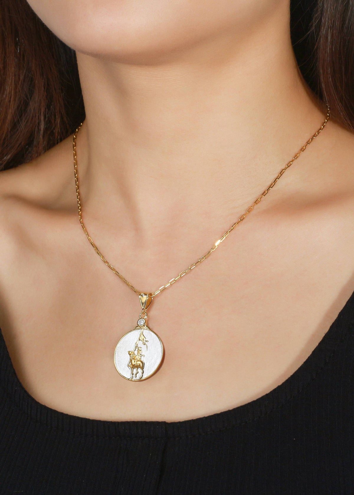 Saints and Saviors Joan of Arc Faith Pendant Necklace on model
