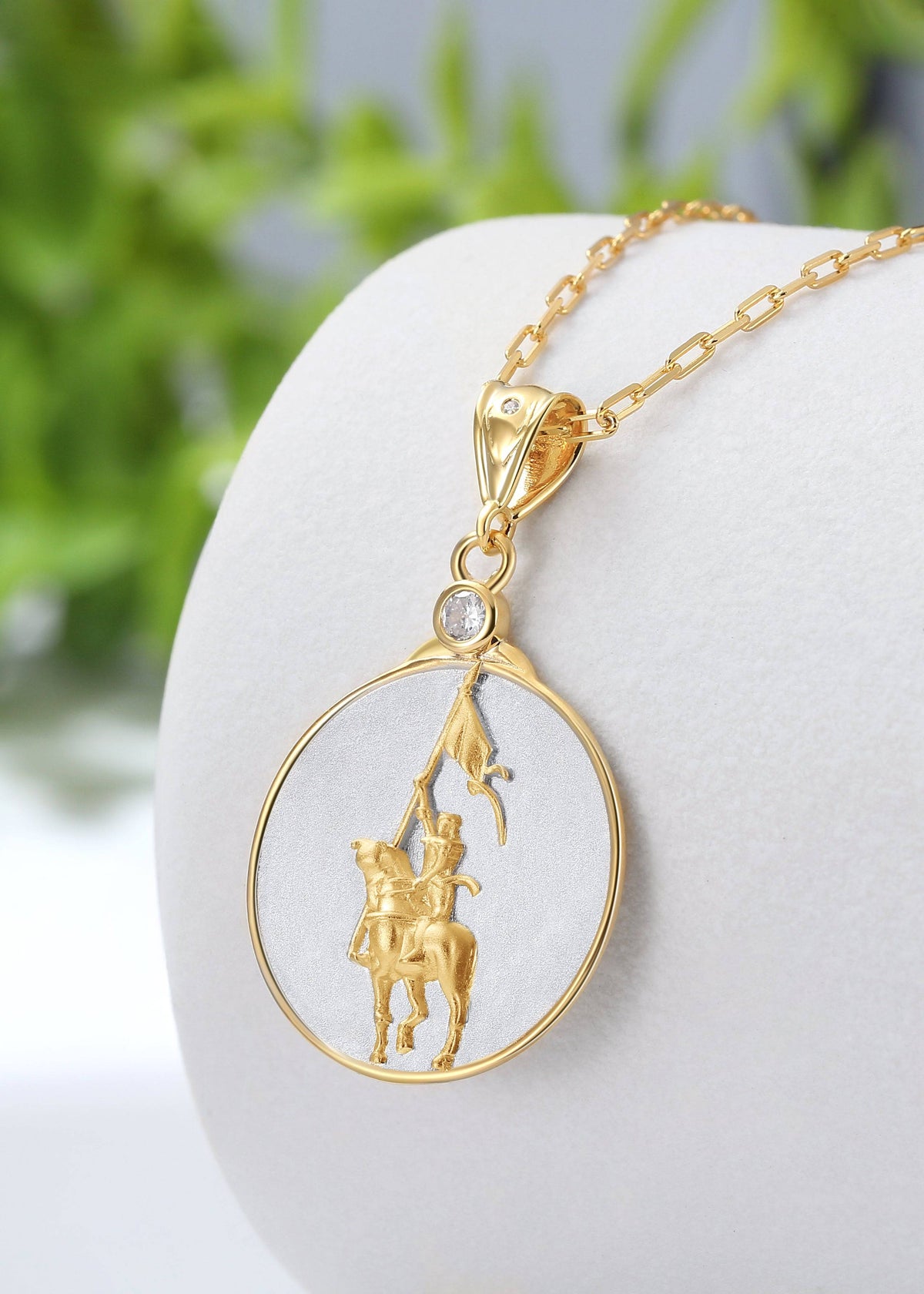 Saints and Saviors Joan of Arc Faith Pendant Necklace Joan of Arc on a horse two-tone silver and gold
