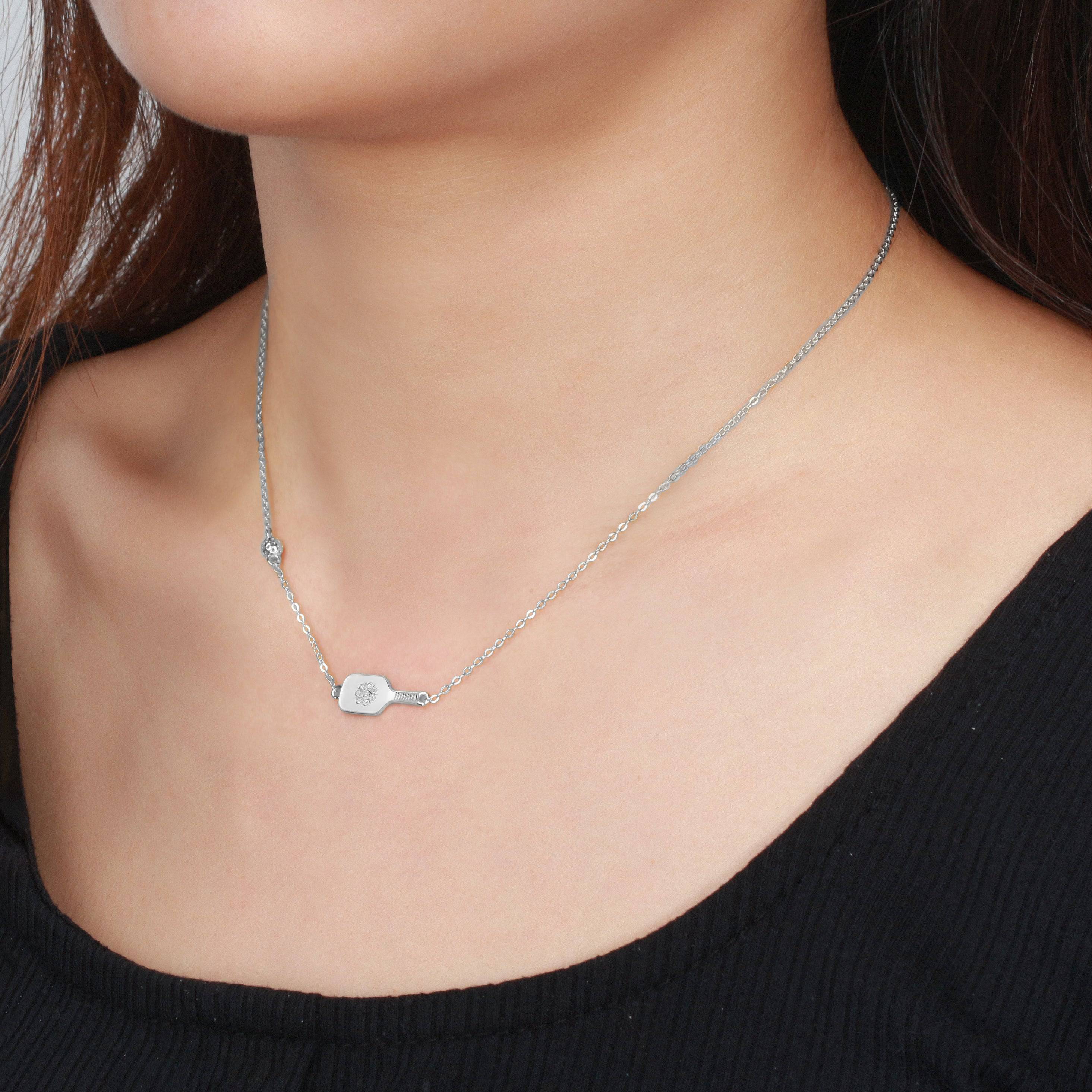 Pickleball Dainty Dinker Flower Paddle Silver Necklace on model