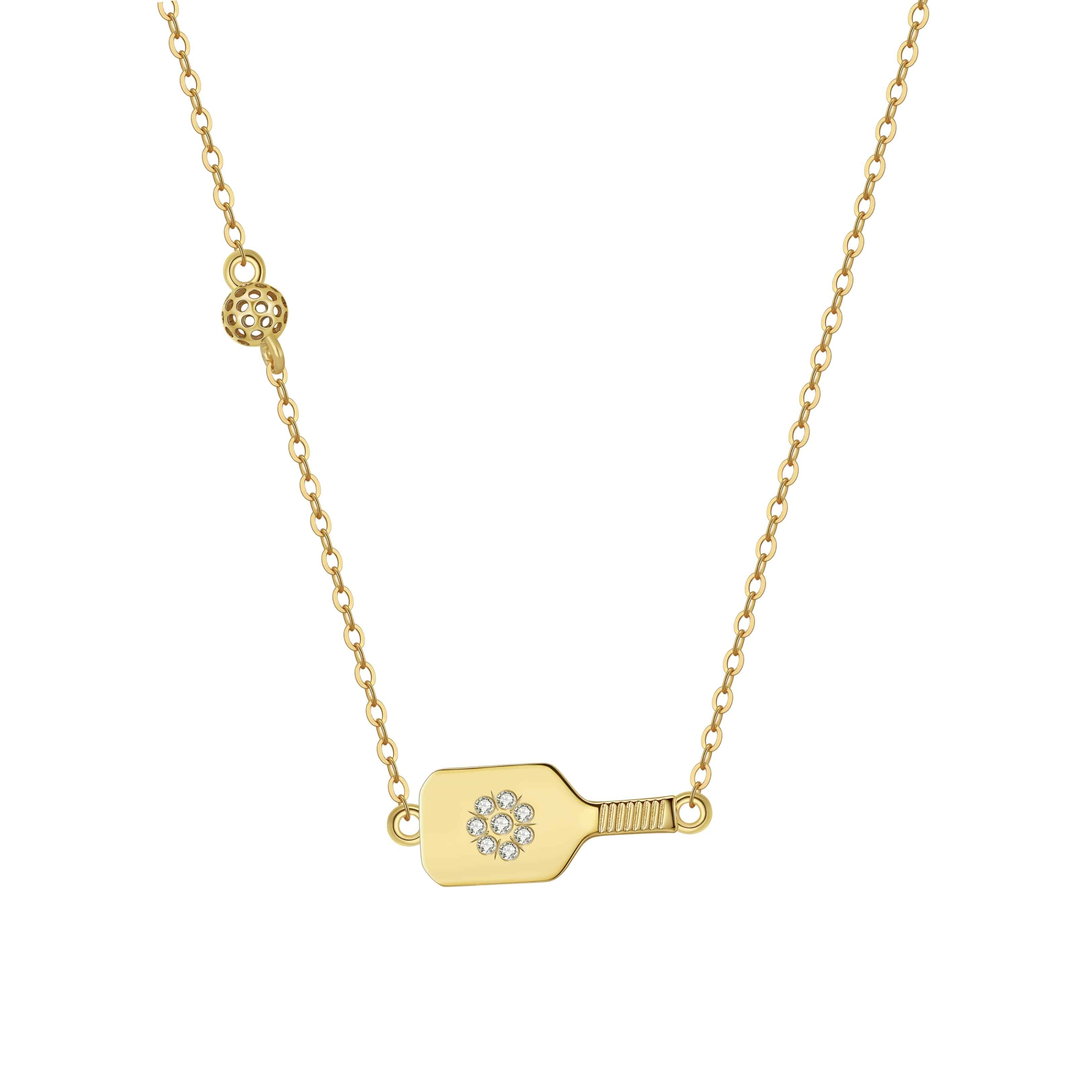 Pickleball Dainty Dinker Crystal Flower Paddle and Ball Gold Necklace