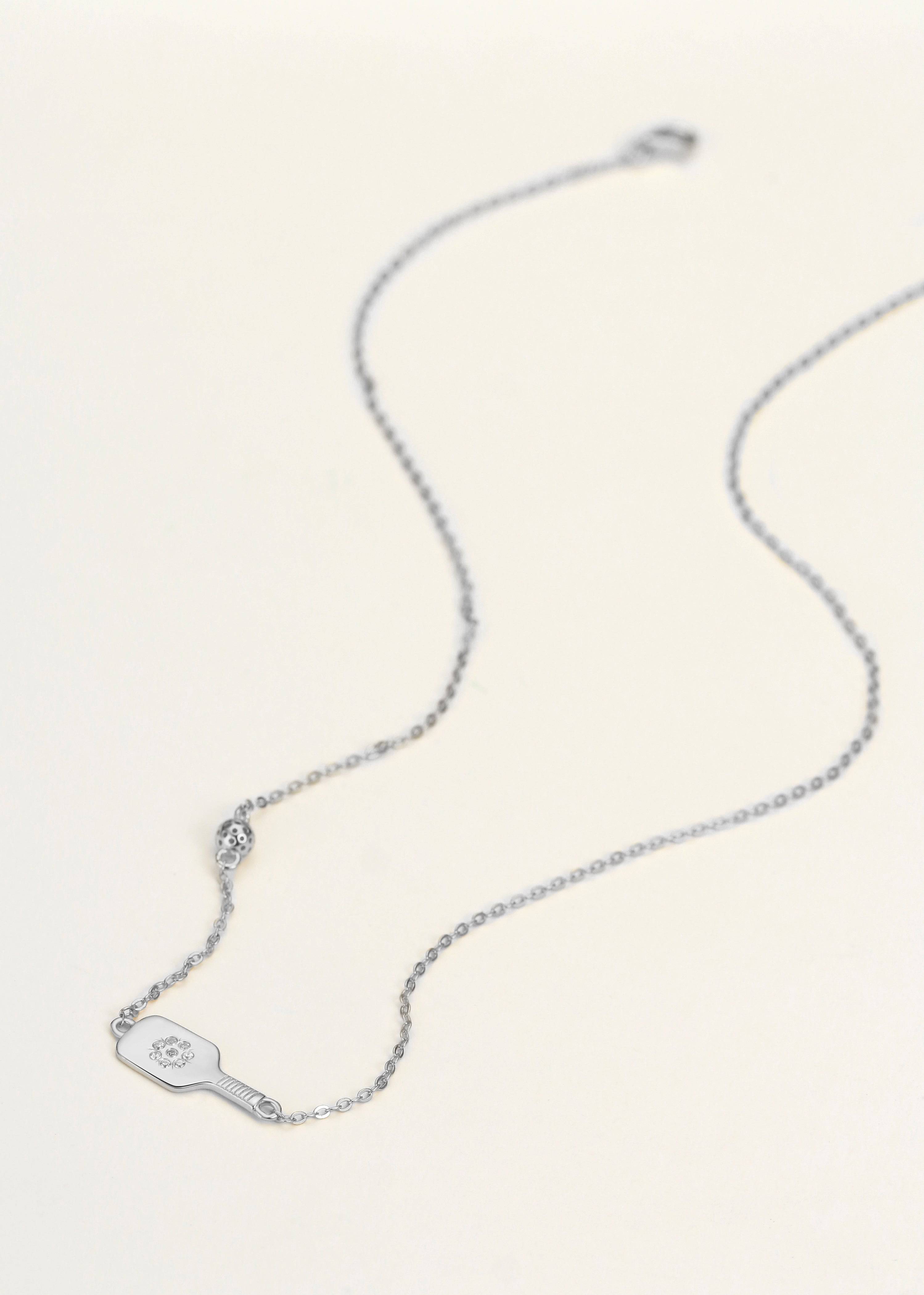 Pickleball Dainty Dinker Crystal Flower Paddle and Ball Silver Necklace