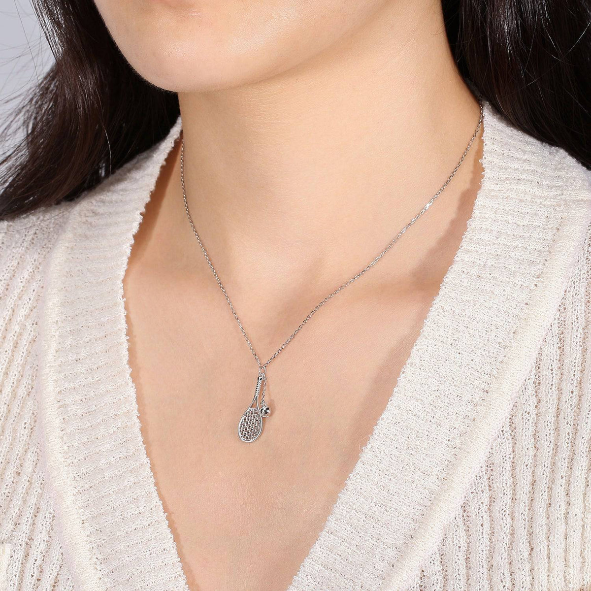 LoveMatch Tennis LOVE Racquet & Ball Silver Necklace on model