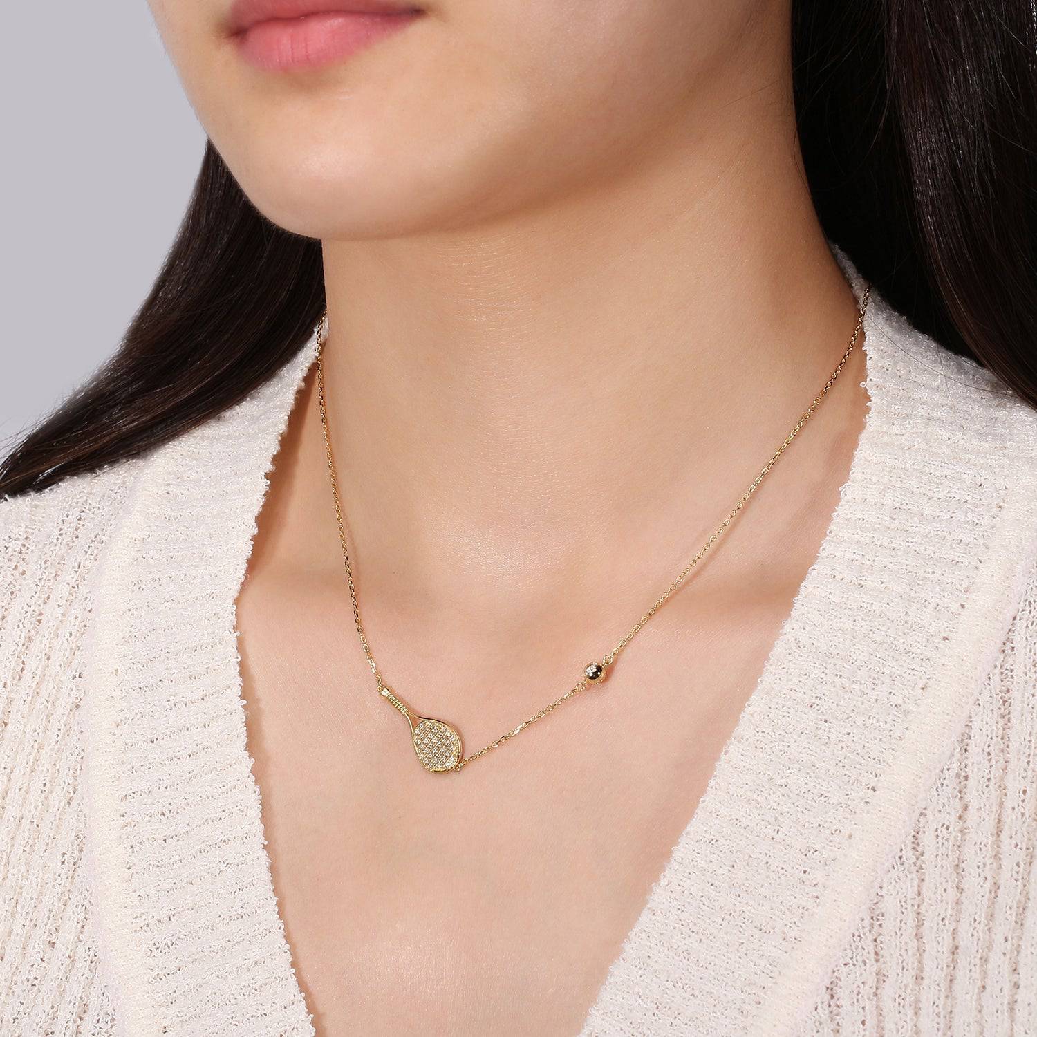 LoveMatch Tennis ACE Bling Gold Racquet and Ball Necklace on model