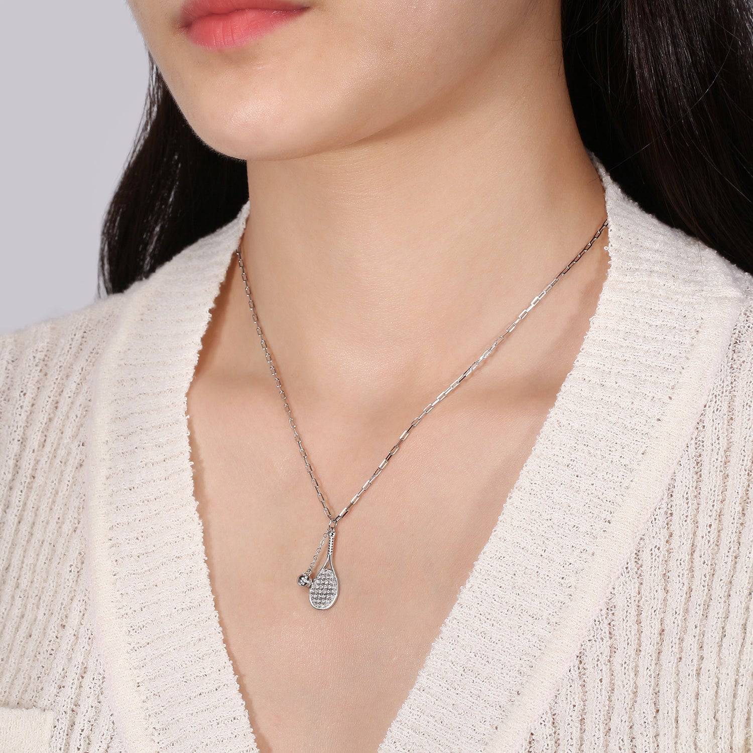 LoveMatch Tennis LOVE Bling CLIP Chain Silver Necklace on model