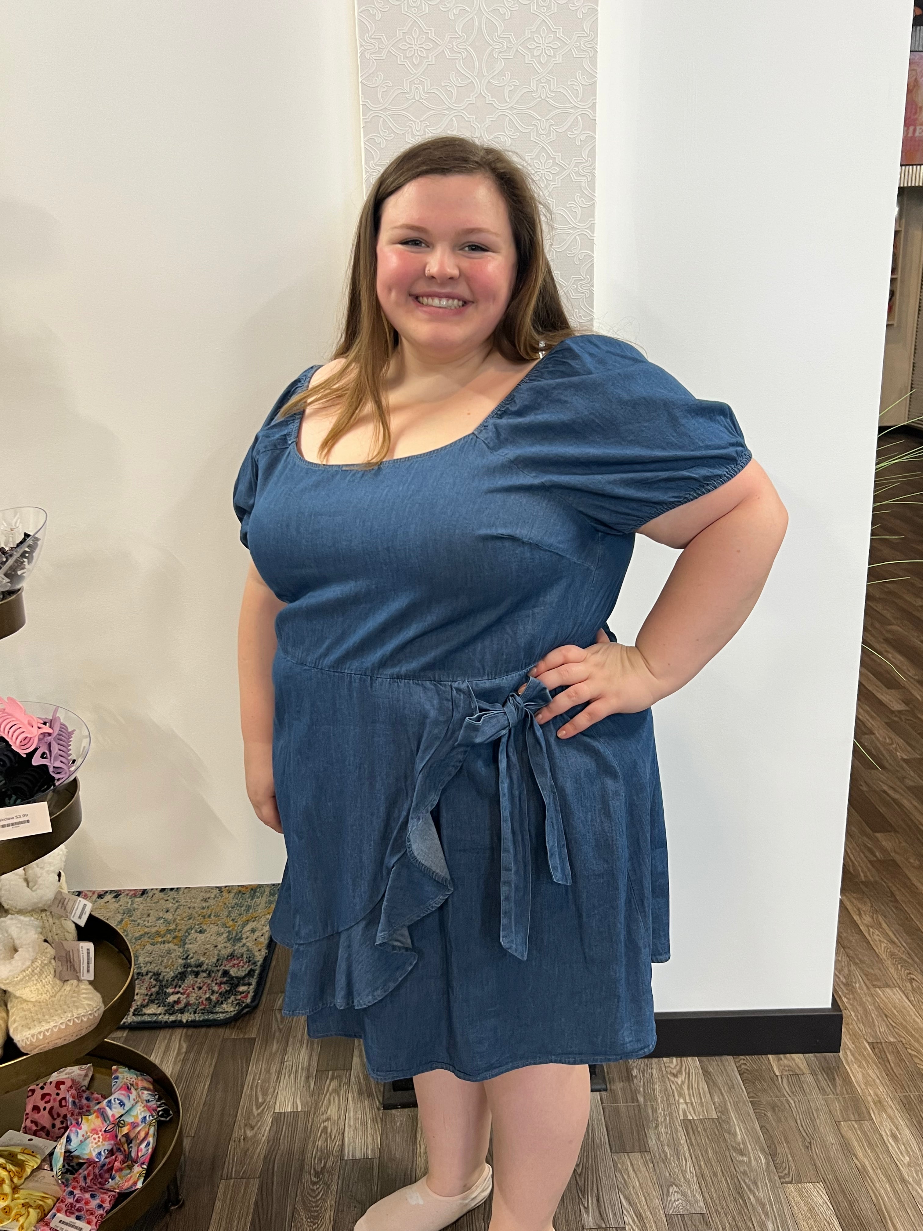 Plus Size Square Neck Wrap Bubble Sleeve Dress