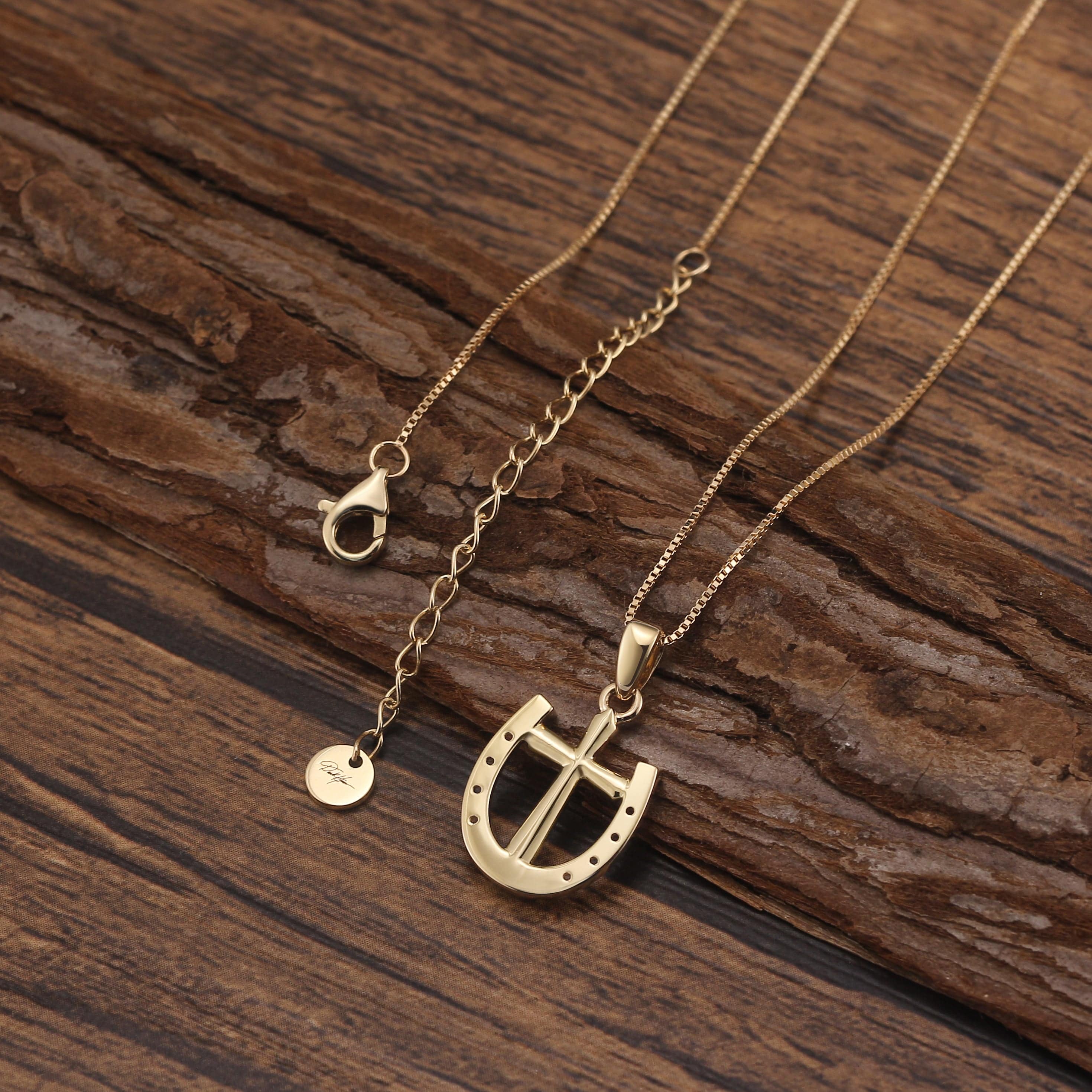 FINE Rider's Prayer Solid Gold 14K Mini Necklace Horseshoe with Cross