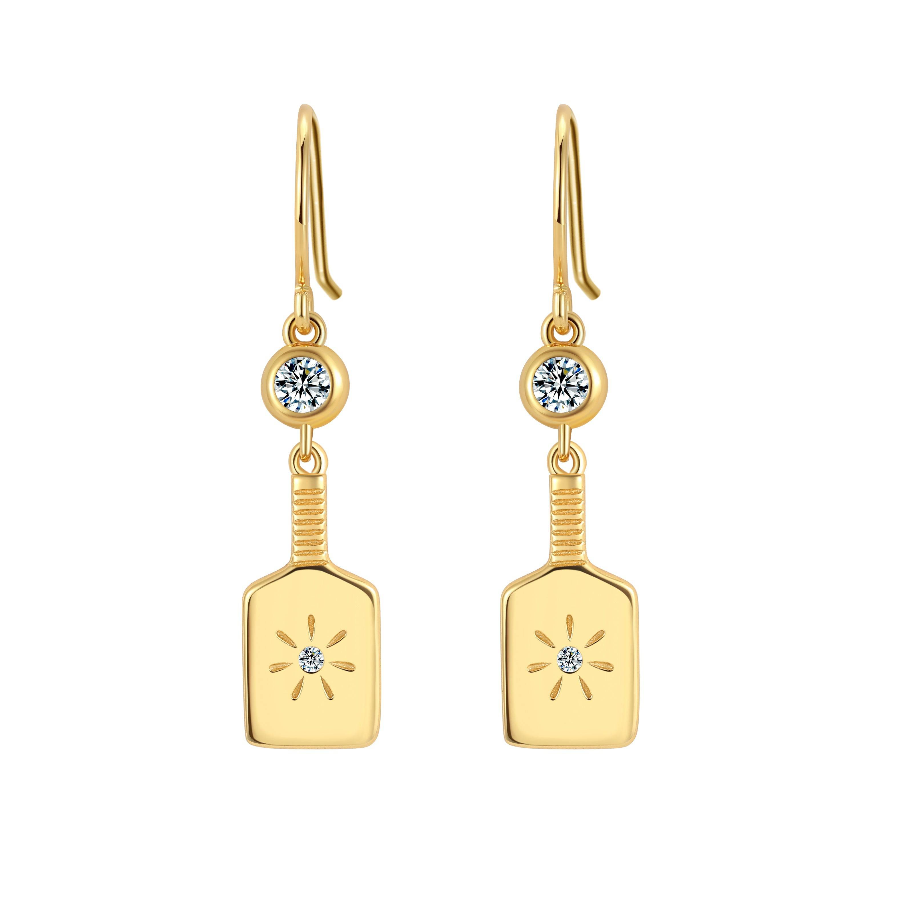Pickleball Paddle Drop Gold Earrings with Crystal