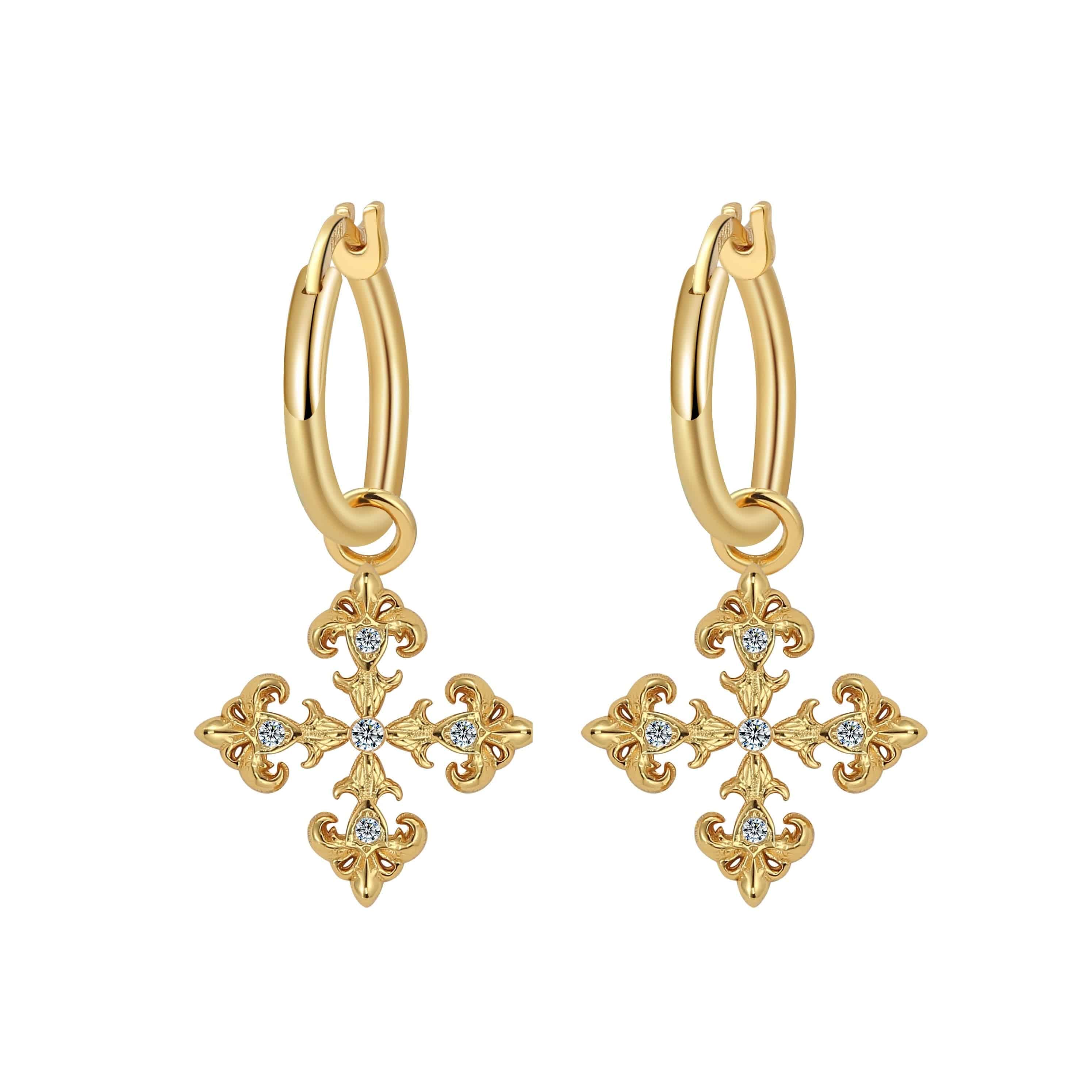 Saints and Saviors Gold Fleur De Lis Cross Hoop Earrings