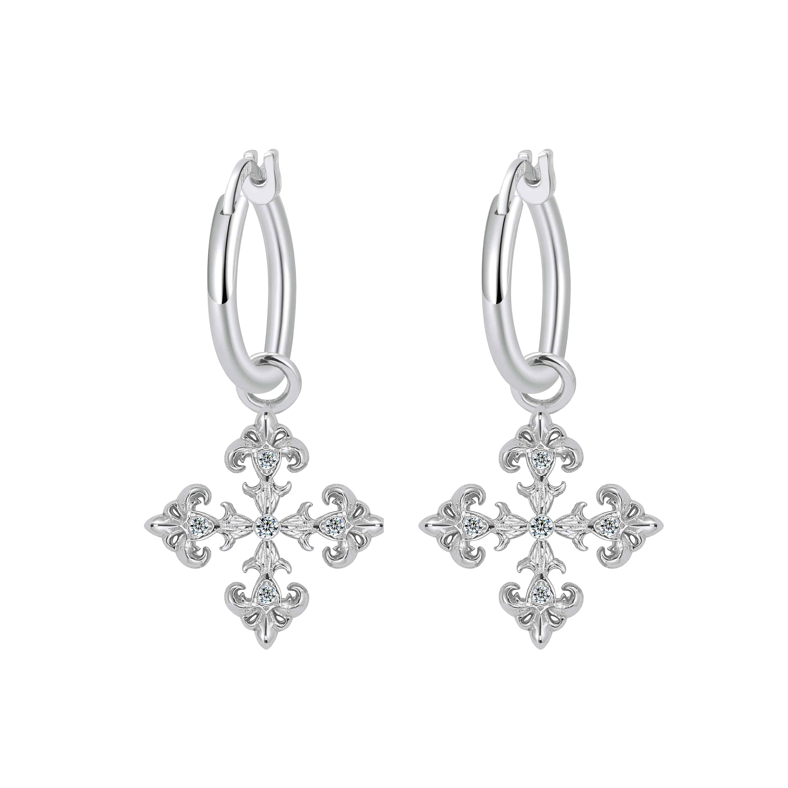 Saints and Saviors Fleur De Lis Silver Cross on Hoop Earrings