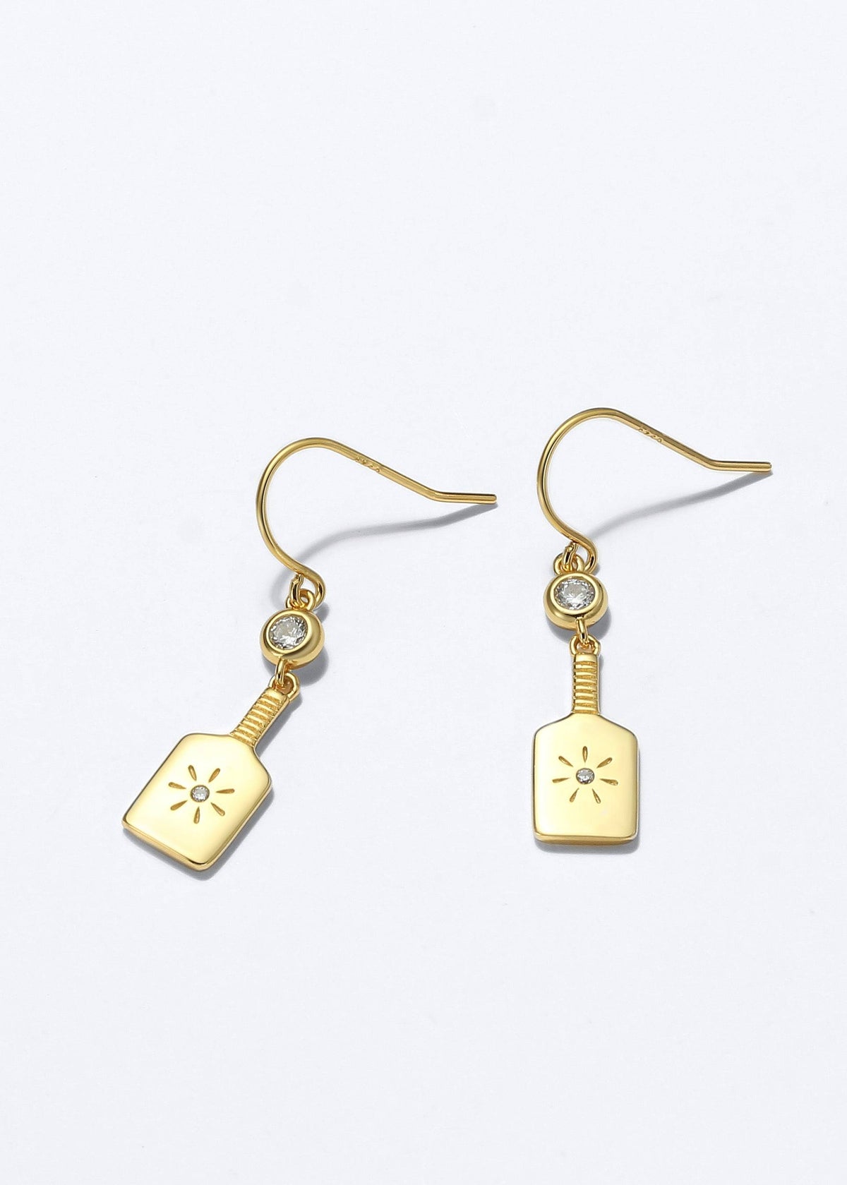 Pickleball Paddle Drop Gold Earrings with Crystal on white background