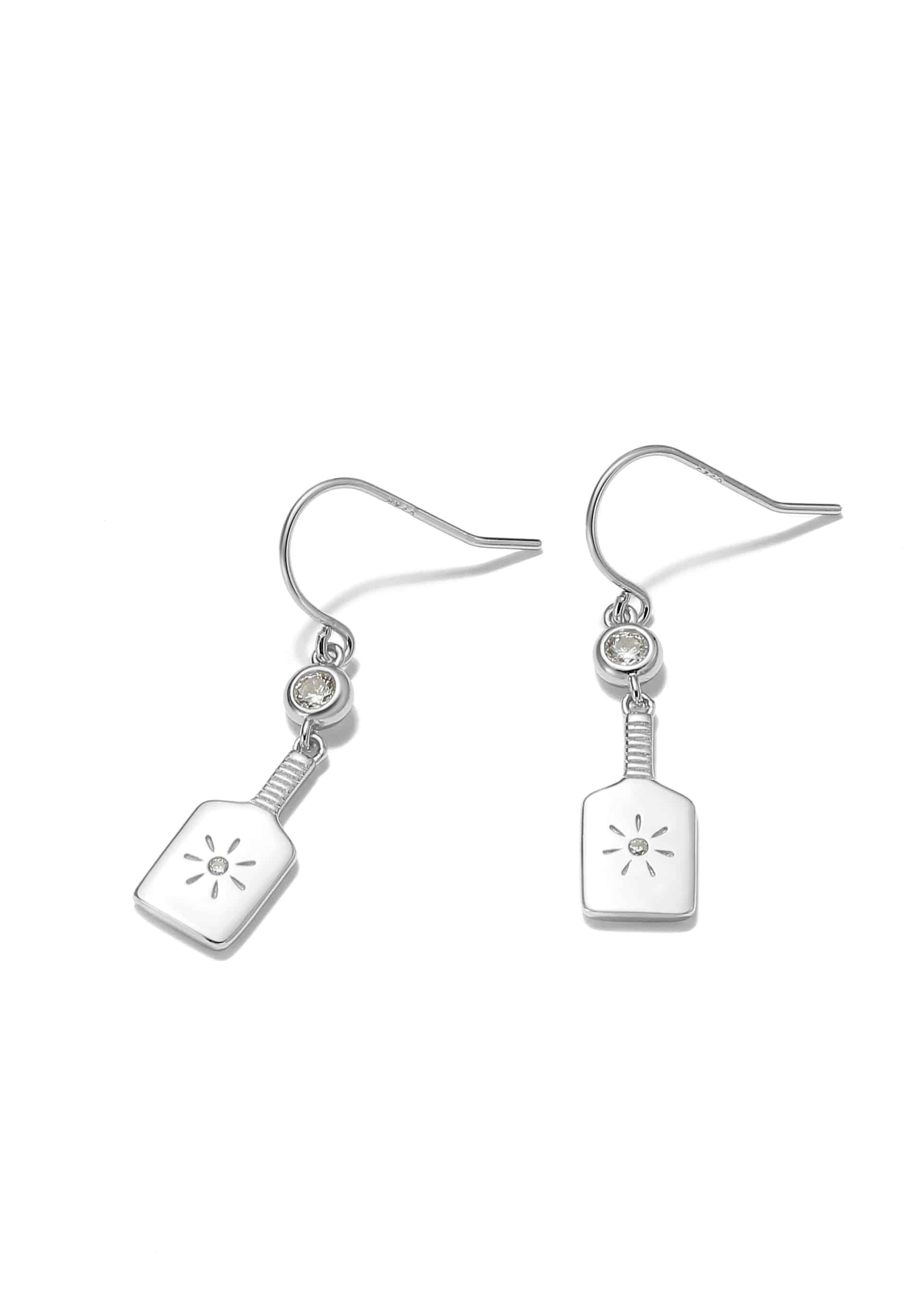 Pickleball Paddle Drop Silver Earrings with Crystal
