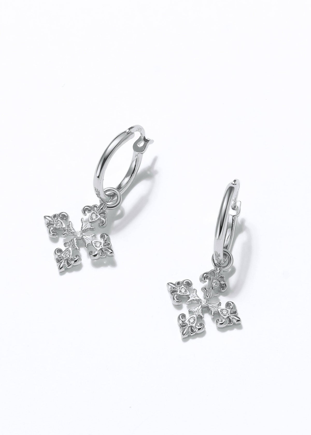 Saints and Saviors Fleur De Lis Silver Cross on Hoop Earrings