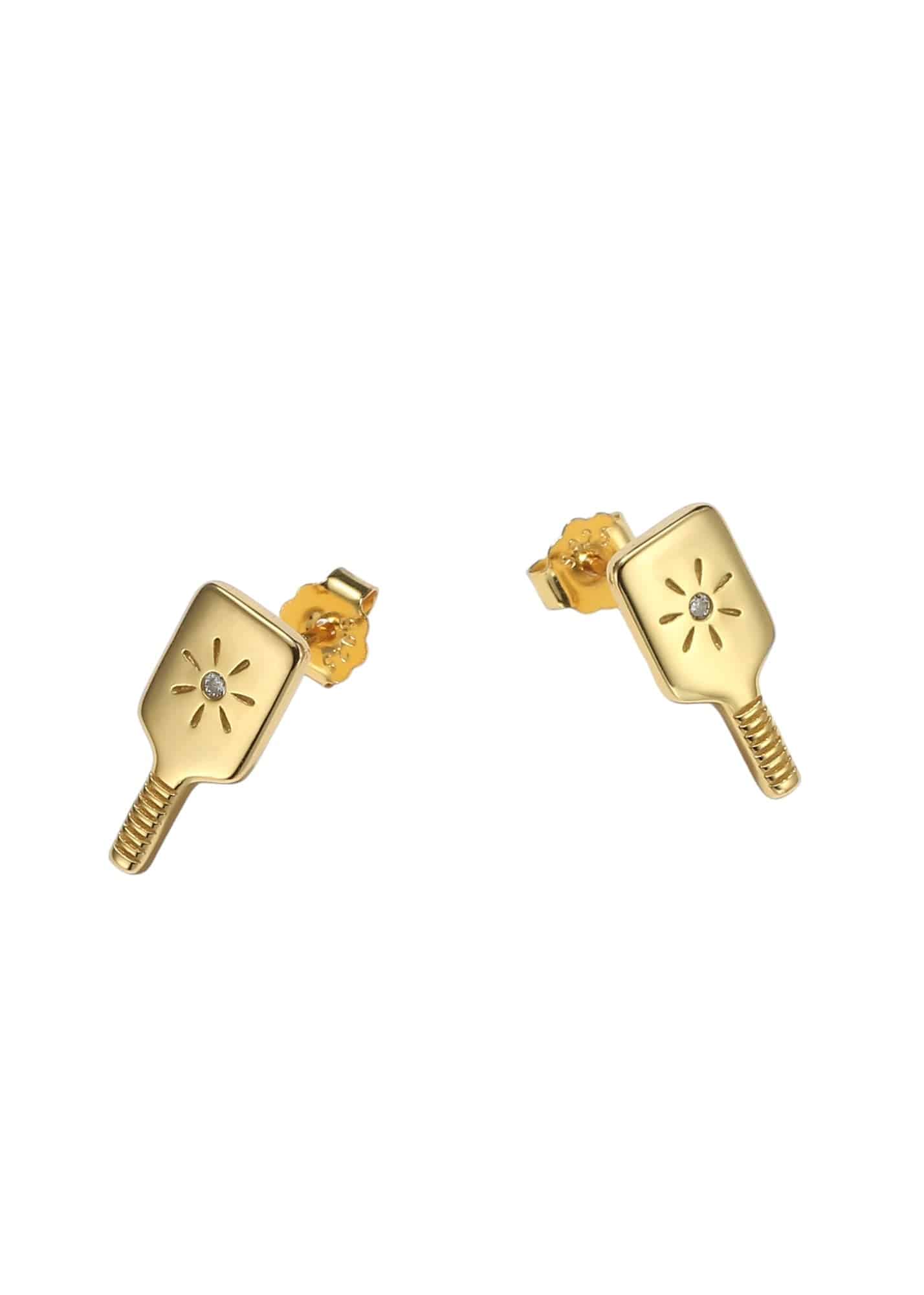 Pickleball Paddle FINE Solid 14k Gold Stud Earrings with Diamonds