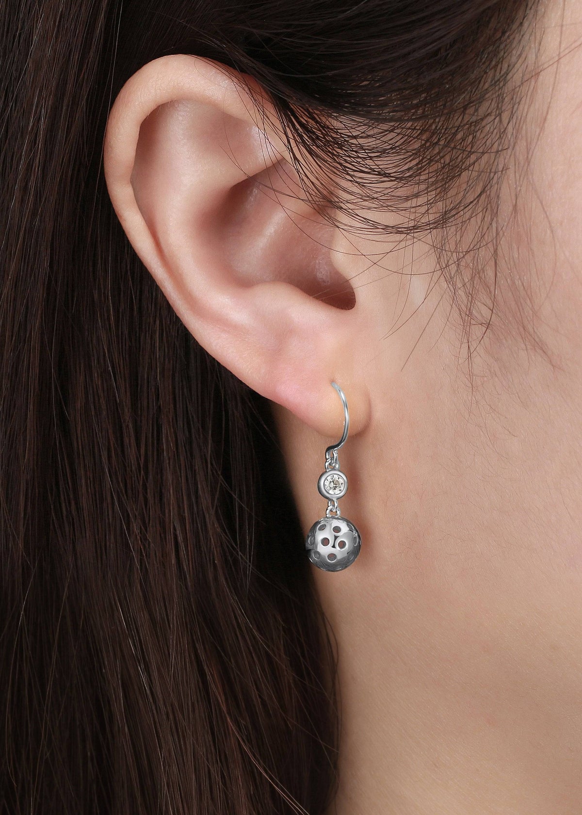 Pickleball Ball Drop Silver Earrings with Crystal on Model