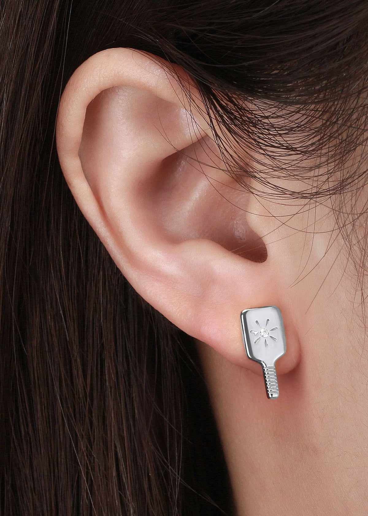 Pickleball Paddle Stud Earrings Silver on Model