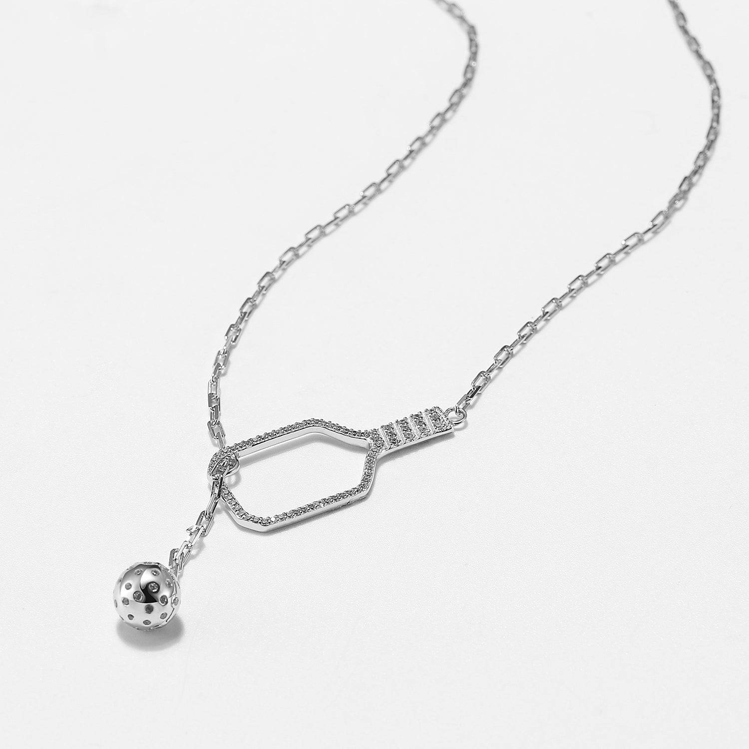 Pickleball Lariat PLUS Silver Paddle & Ball Necklace with Crystals