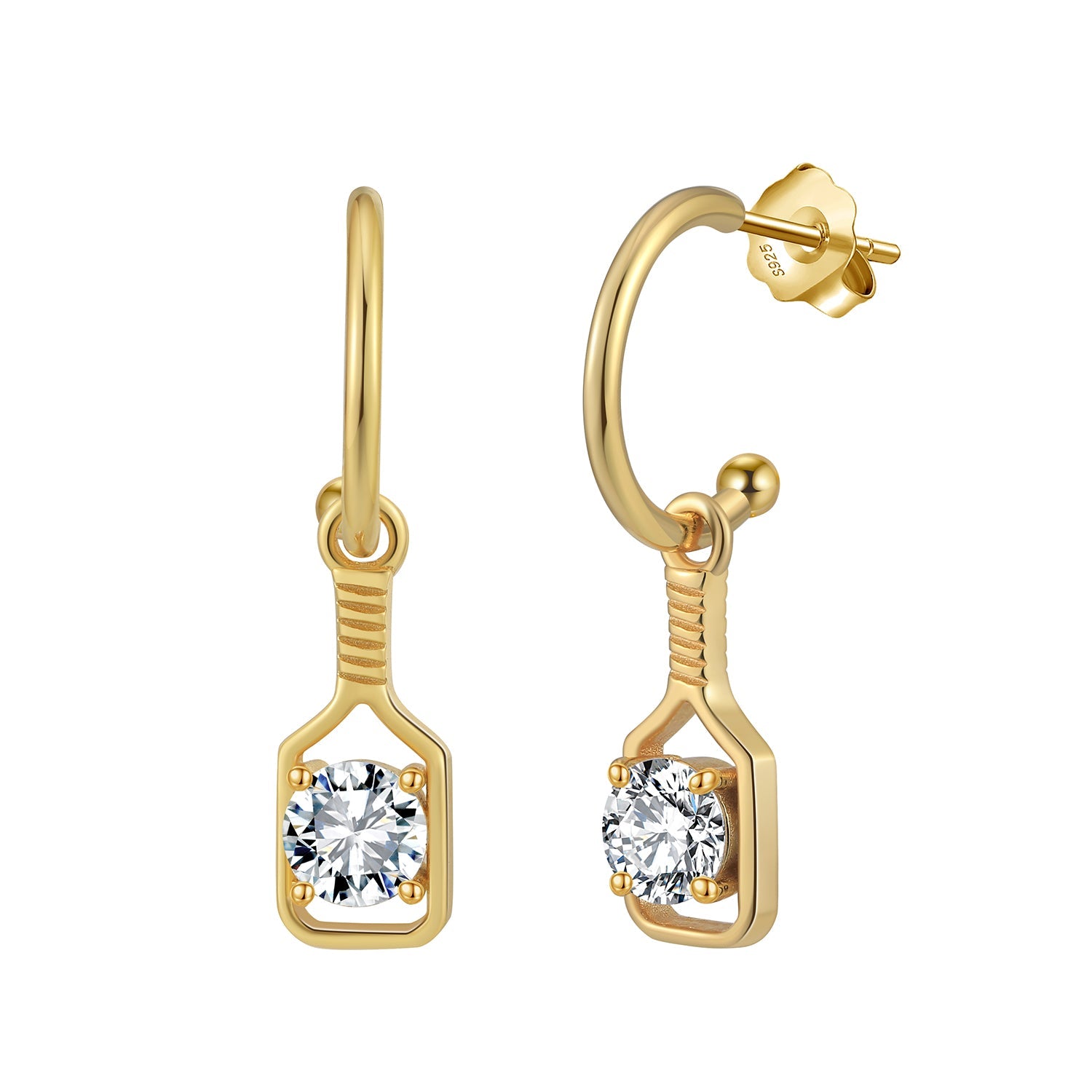 Pickleball Sparkle Paddle Hoop Earrings Gold with Large Crystal