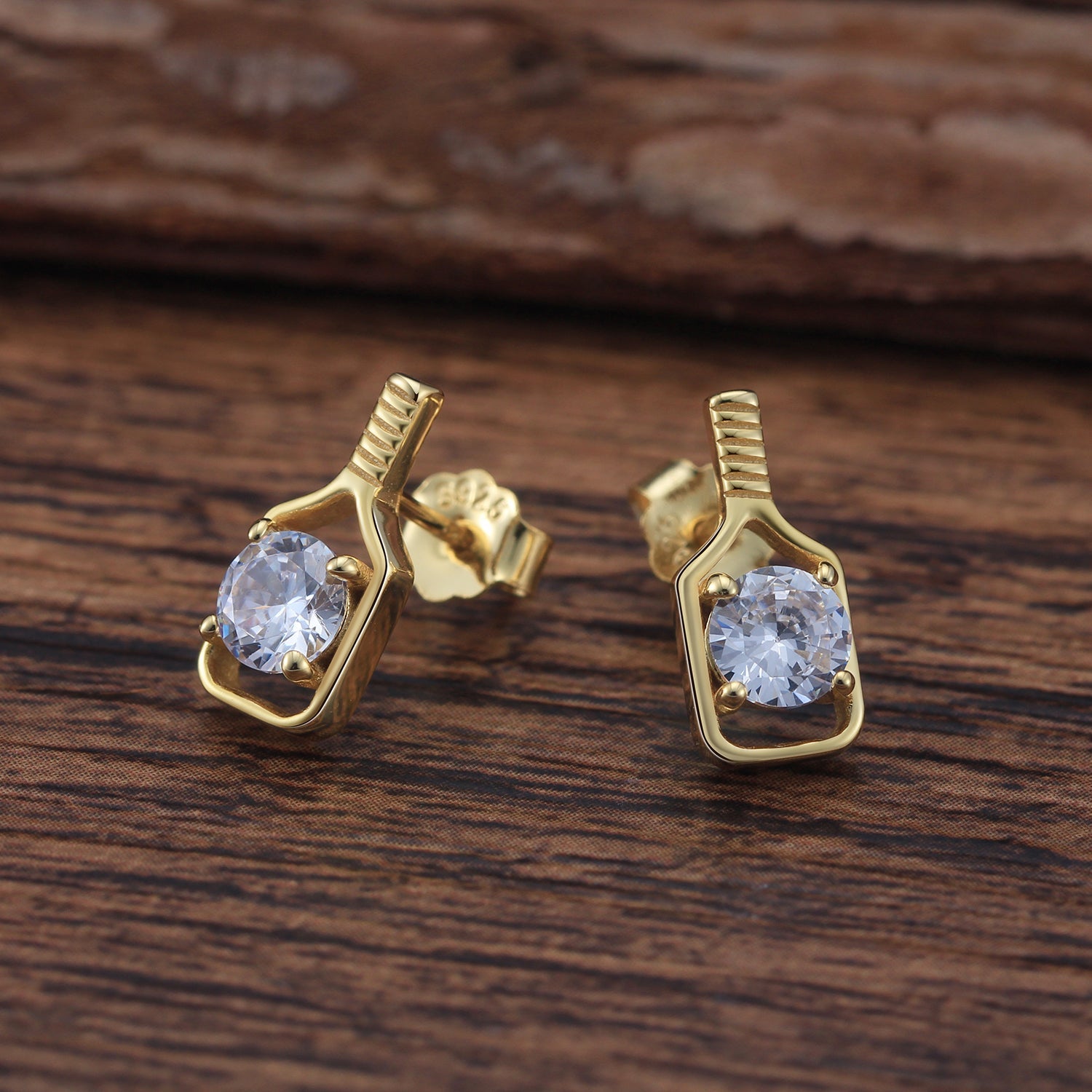 Pickleball Sparkler Paddle Stud Earrings Gold with Large Crystal
