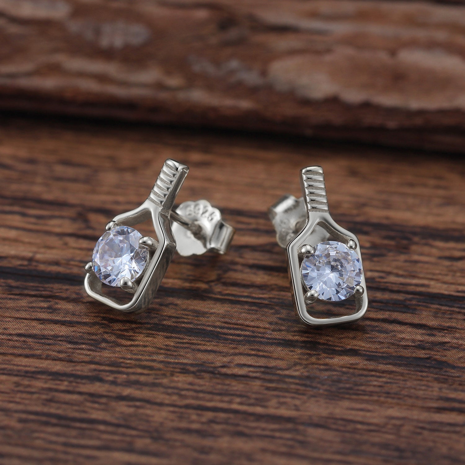 Pickleball Sparkler Paddle Stud Earrings Silver with Large Crystal