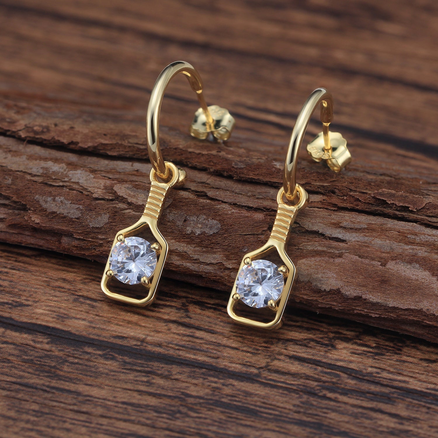Pickleball Sparkle Paddle Hoop Earrings Gold with Large Crystal