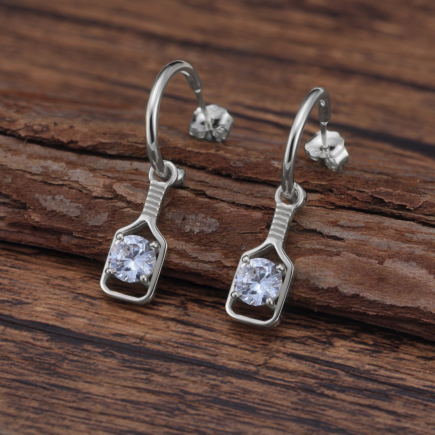 Pickleball Sparkle Paddle Hoop Earrings Silver with Large Crystal