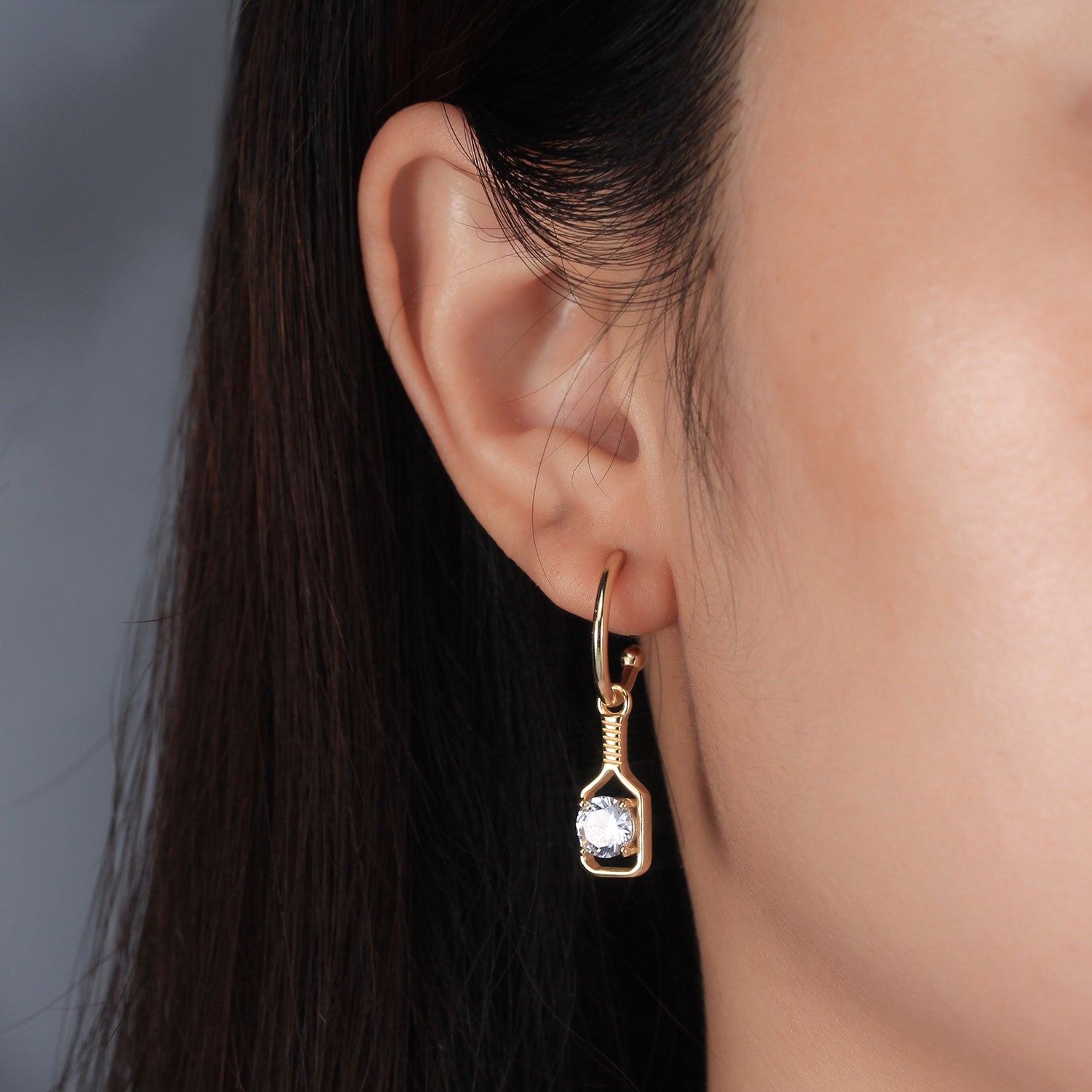 Pickleball Sparkle Paddle Hoop Earrings Gold on Model