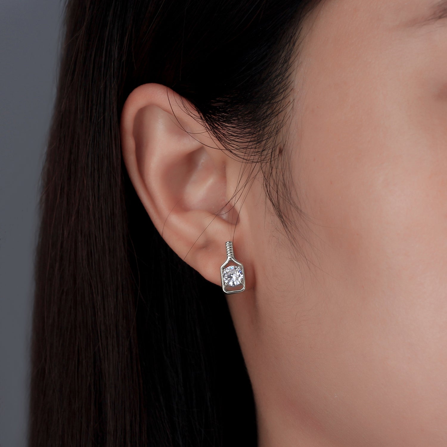 Pickleball Sparkler Paddle Stud Earrings Silver on Model