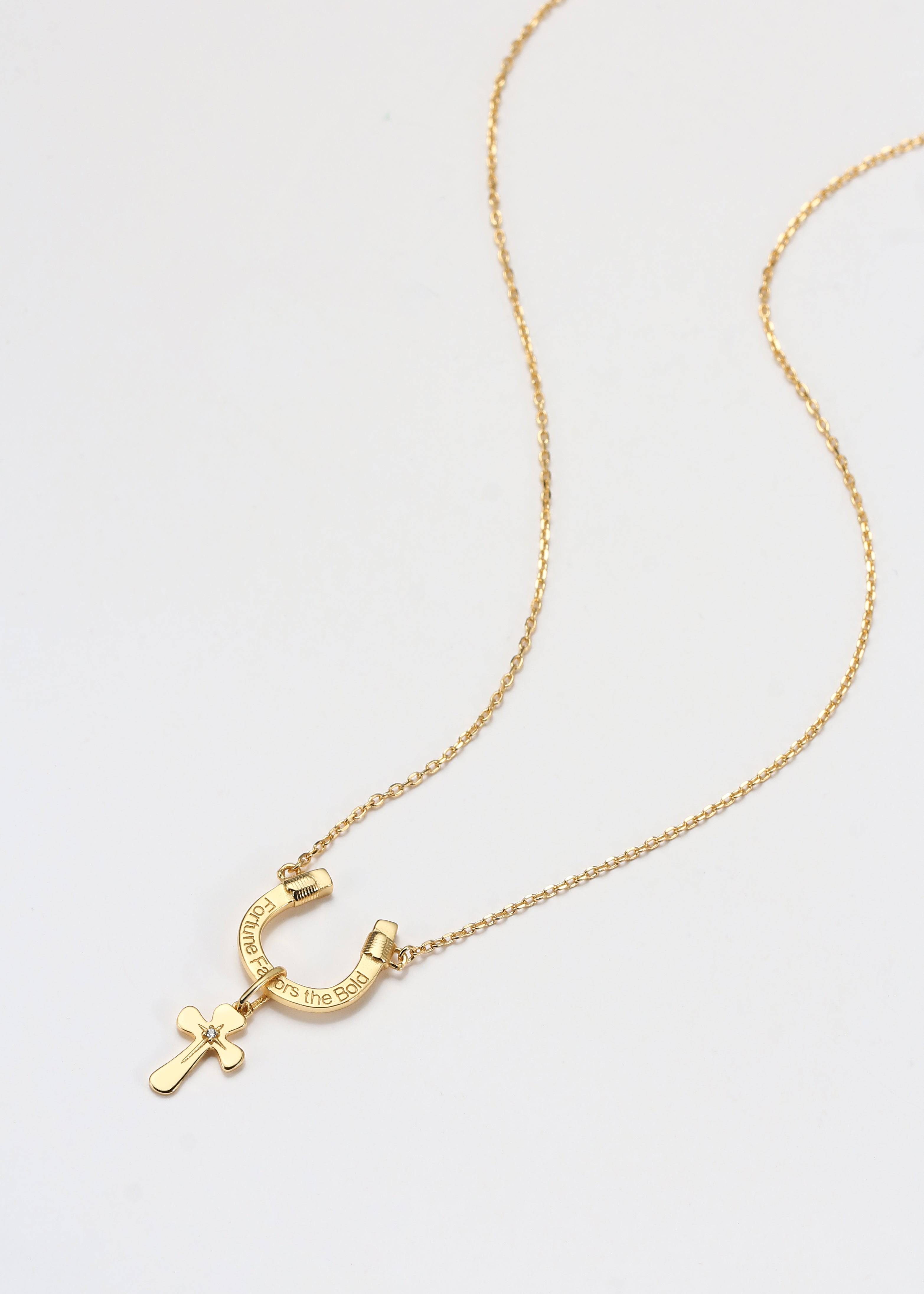 Saints Fortune Favors The Bold Necklace Horseshoe with Cross Charm