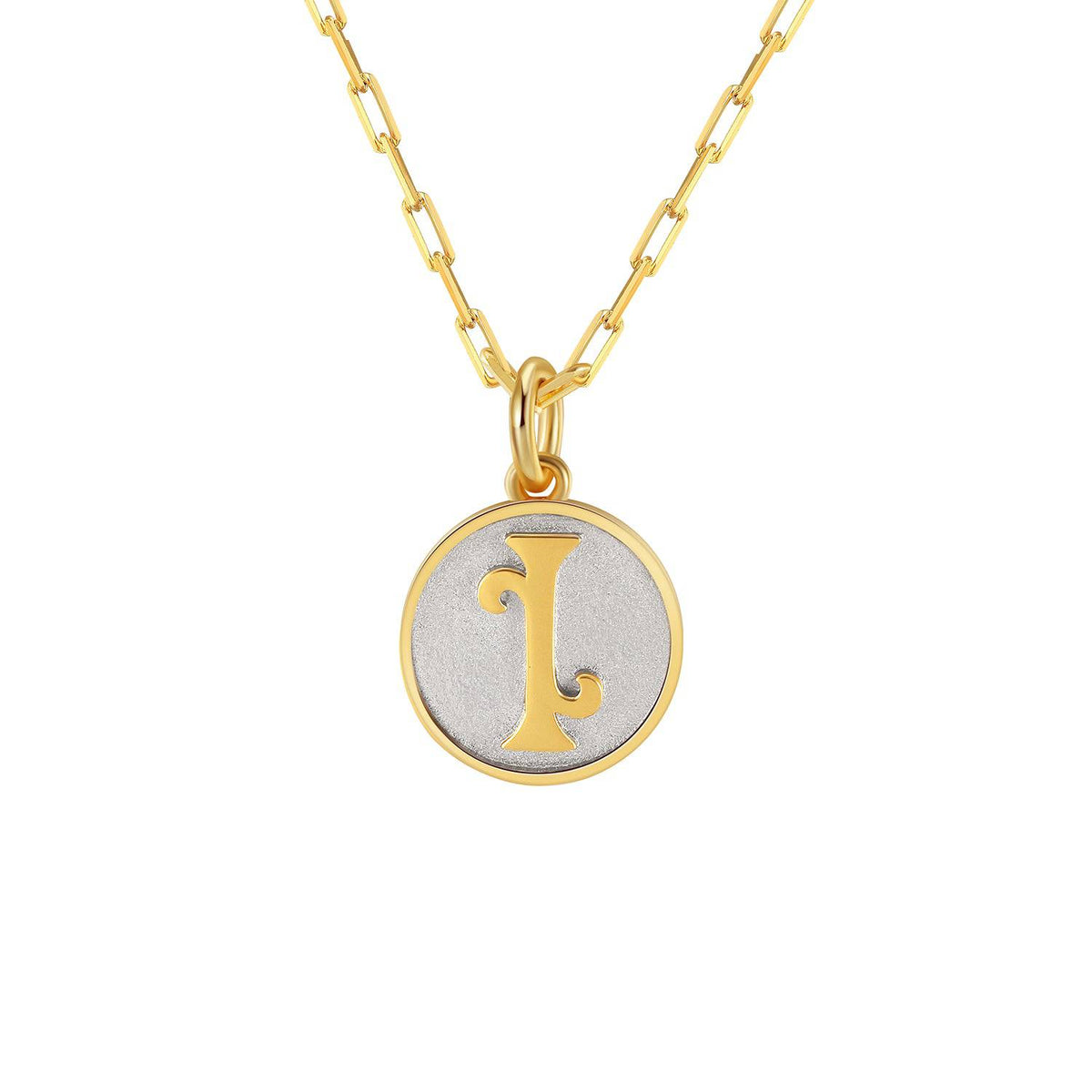 Saints and Saviors Dainty Fancy Initial Pendant Necklace gold letter I on small silver disc