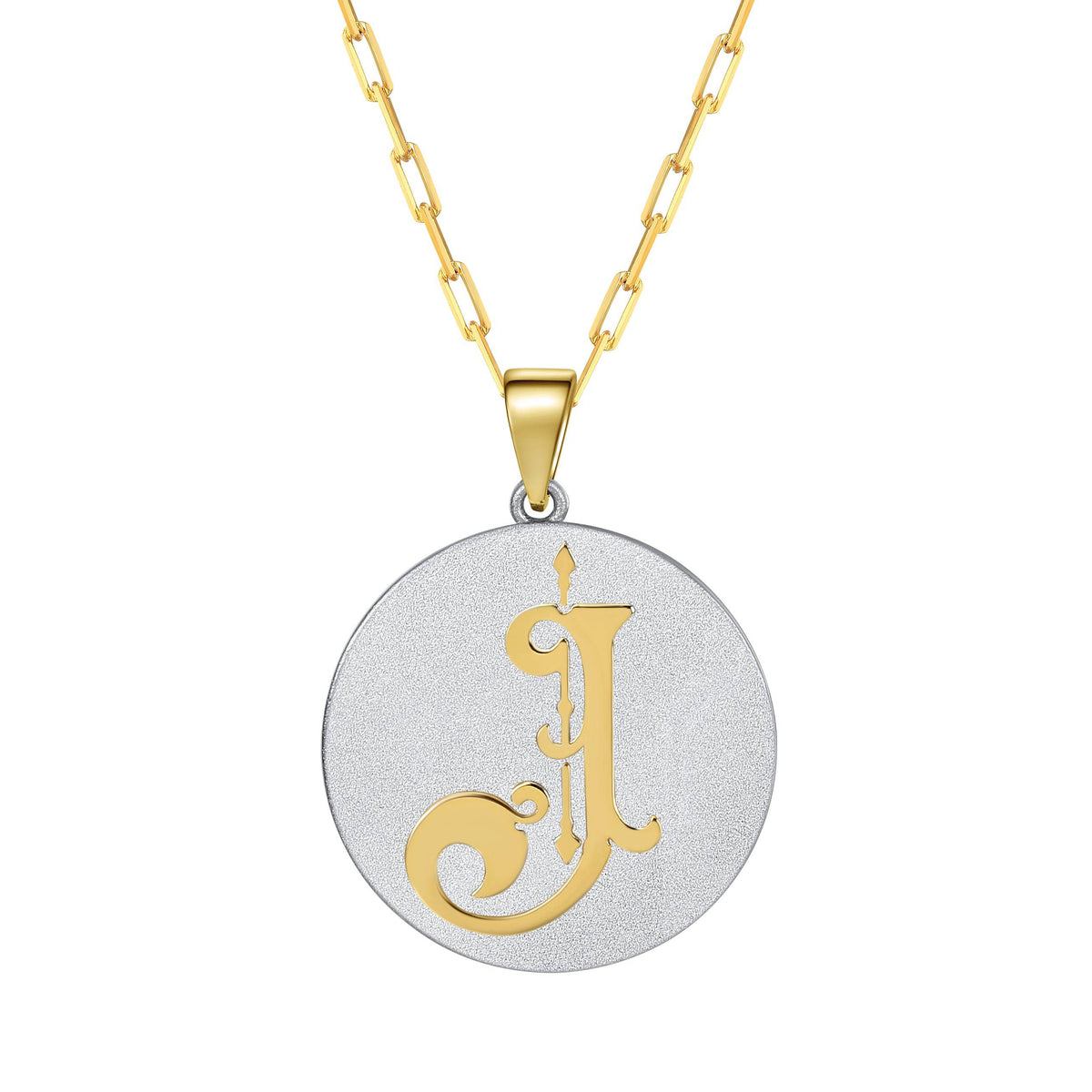 Saints & Saviors Fancy Initial Pendant Necklace gold letter J on silver disc