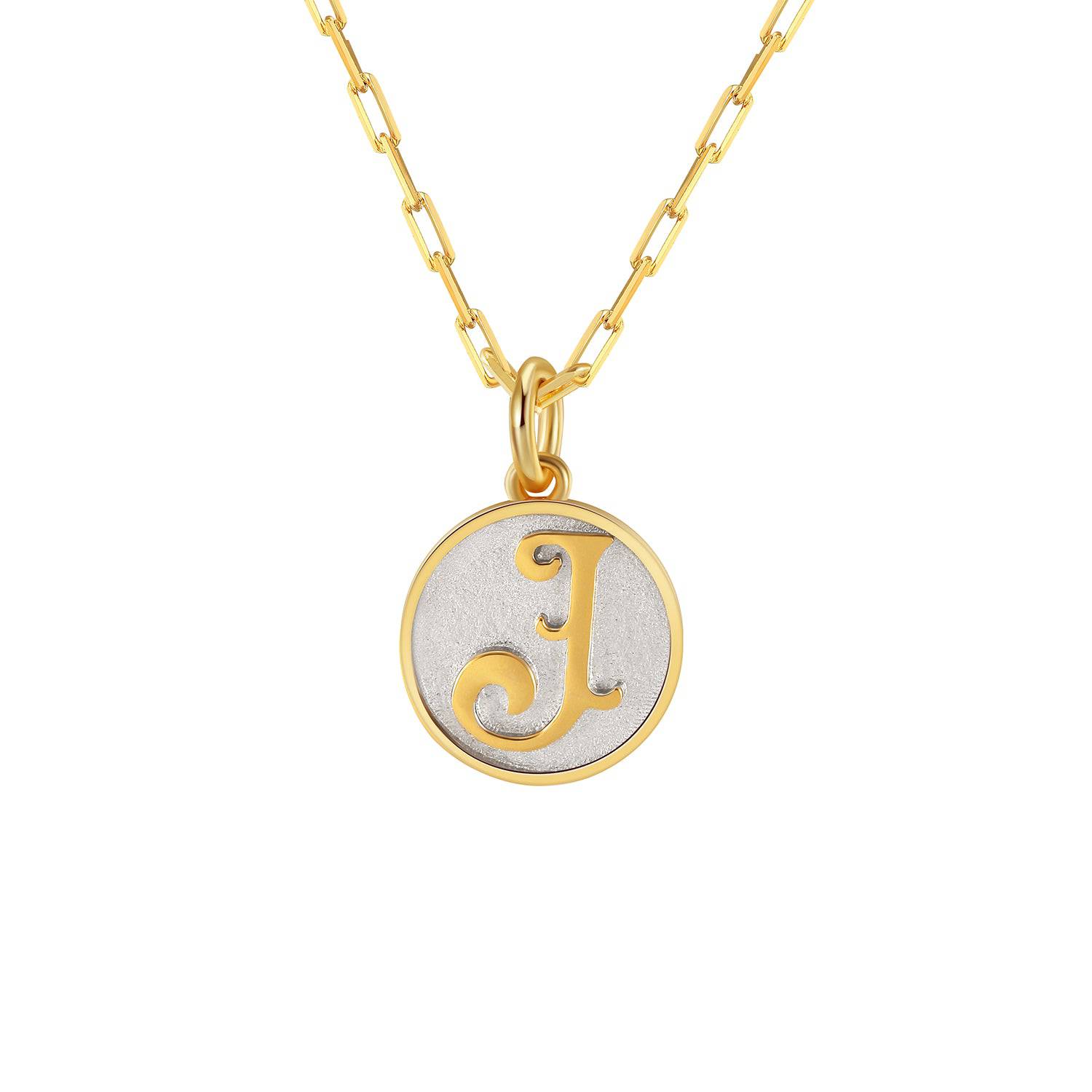 Saints and Saviors Dainty Fancy Initial Pendant Necklace gold letter J on small silver disc