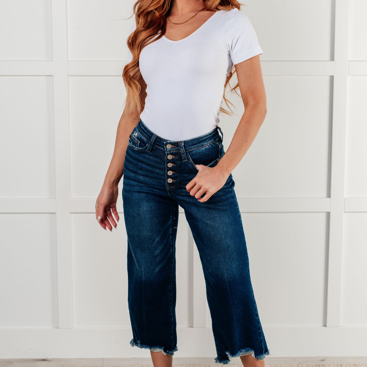 Button Fly Cropped Wide Leg Jeans main image 0